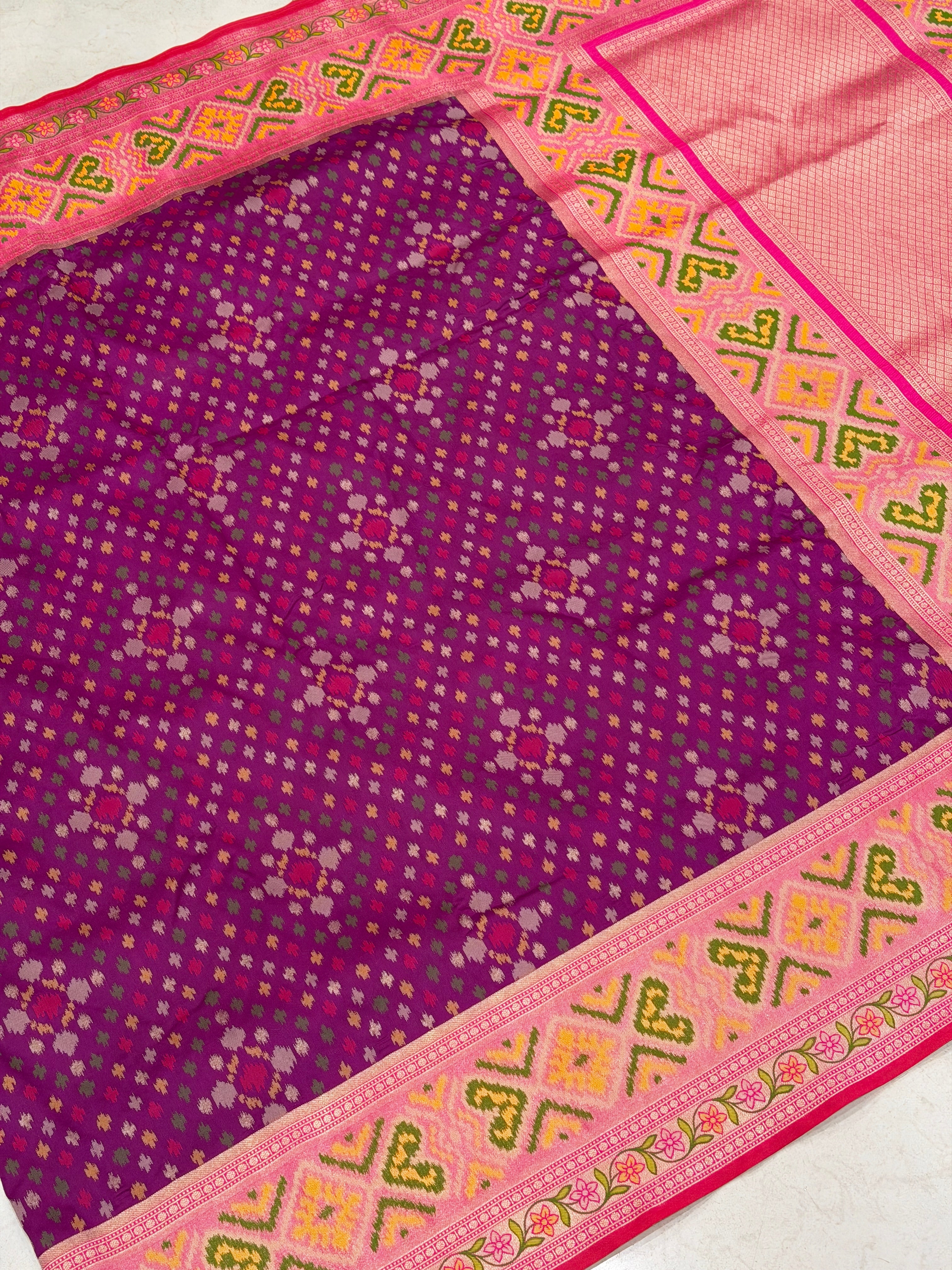 Wine Ikat Patola Banarasi Weaved Small Jaal Saree