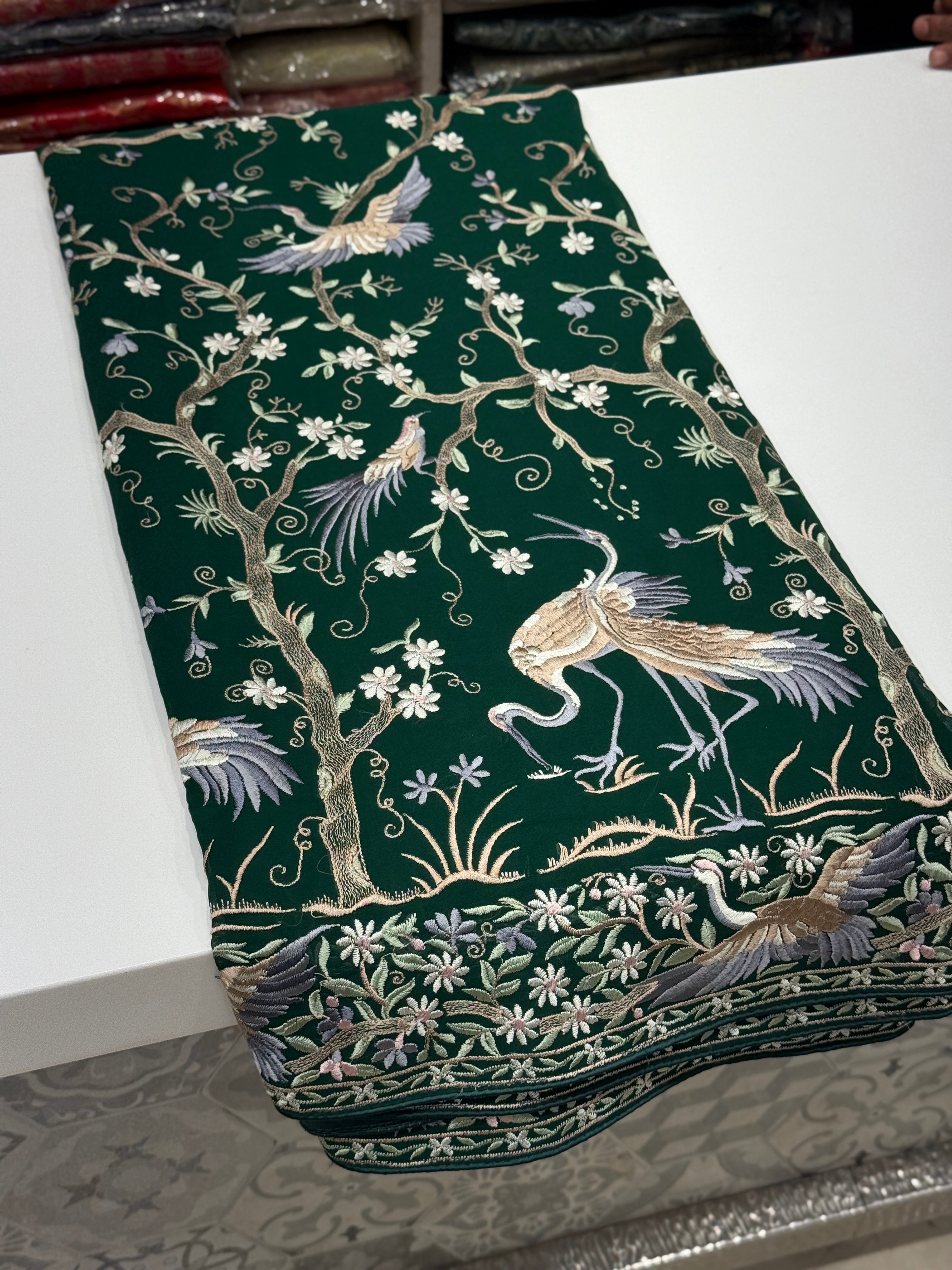 Bottle Green Tree Of Life Flamingo Parsi Gara Saree