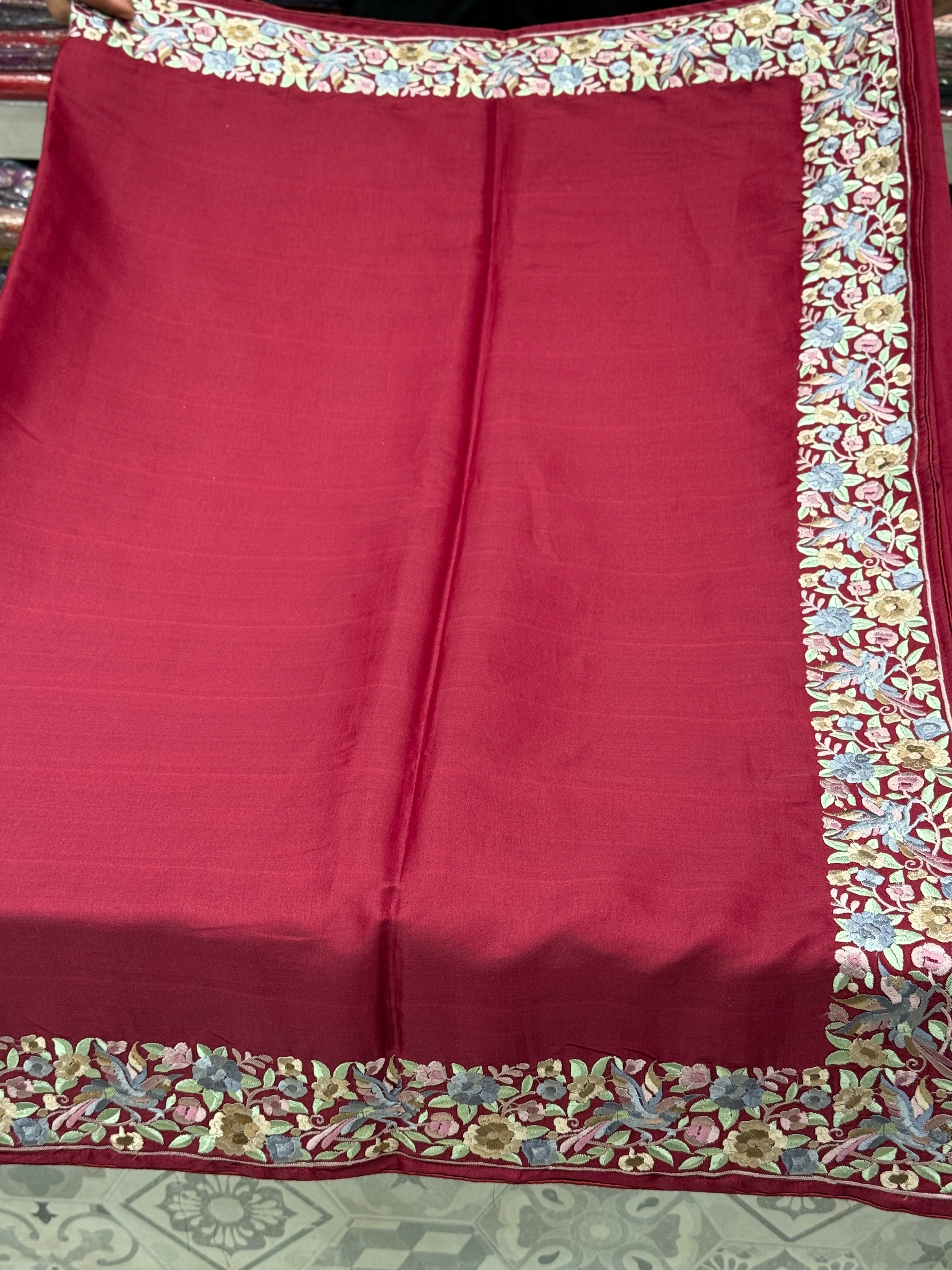 Maroon Silk Multi Colour Gara Border Saree