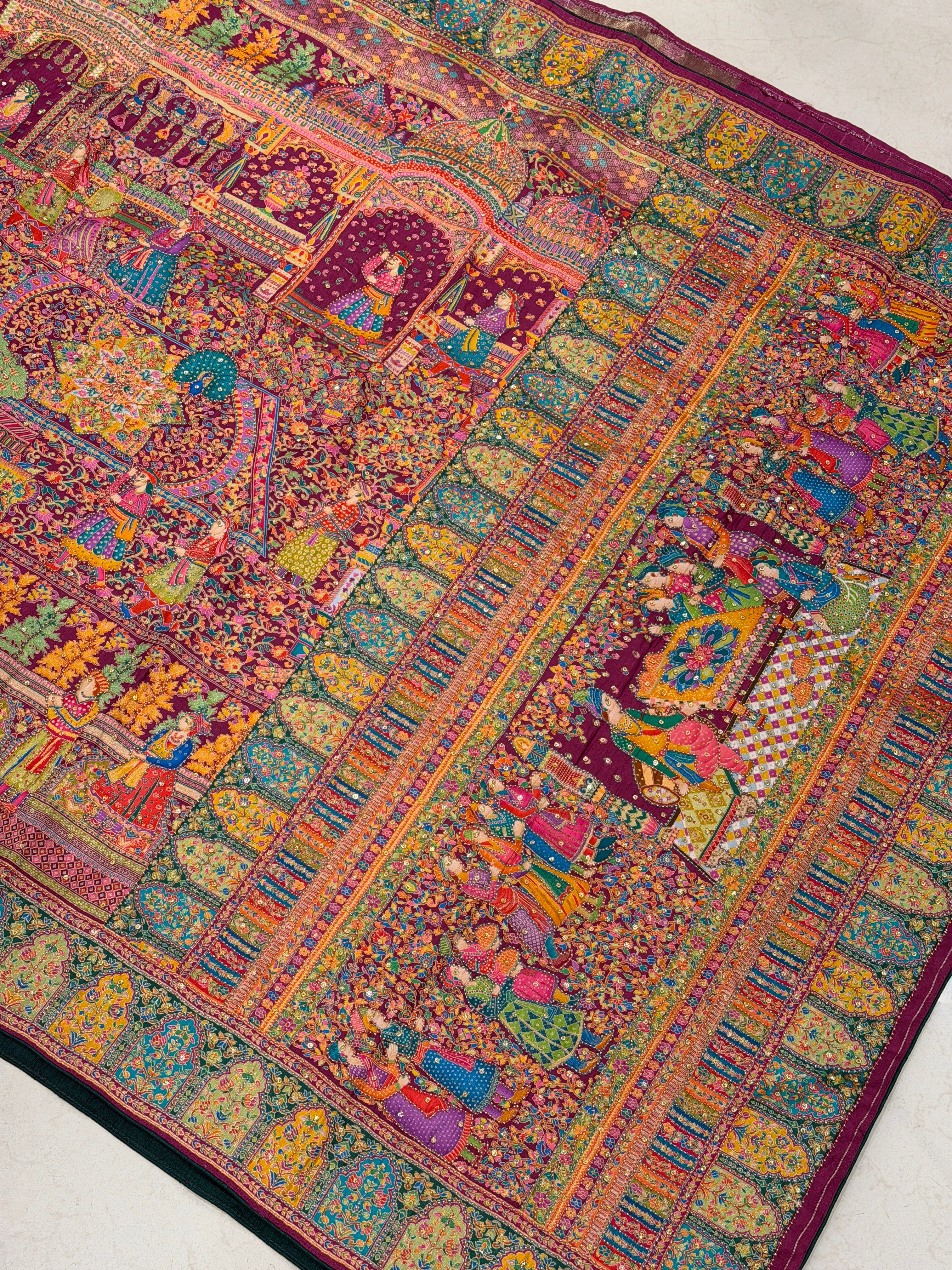 Wine Pashmina Inspired Darbar Weaved Munga Hand Embroidery Saree