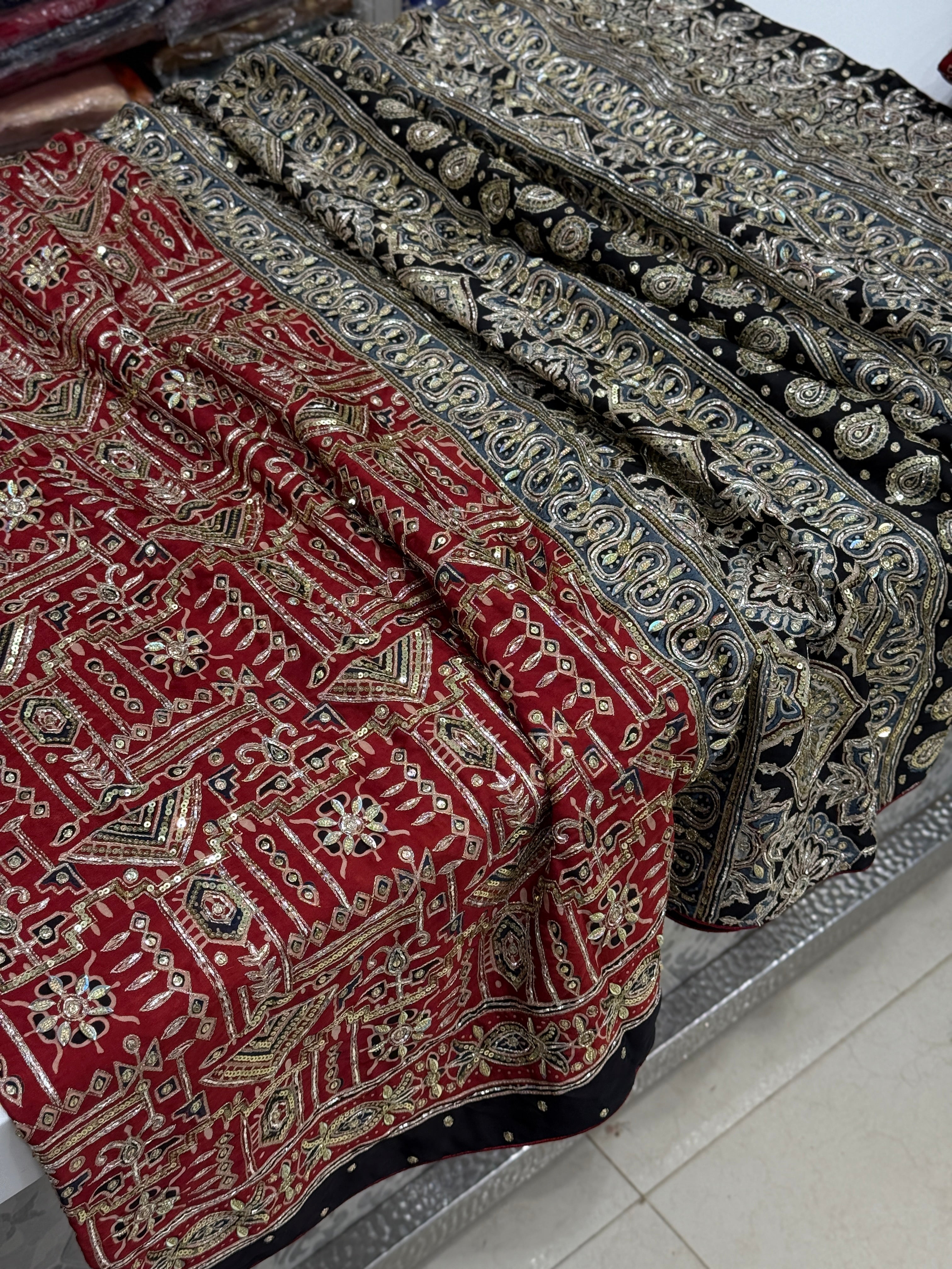 Red Contemporary Pita Zardosi Sequin Ajrakh Hand Embroidery Saree