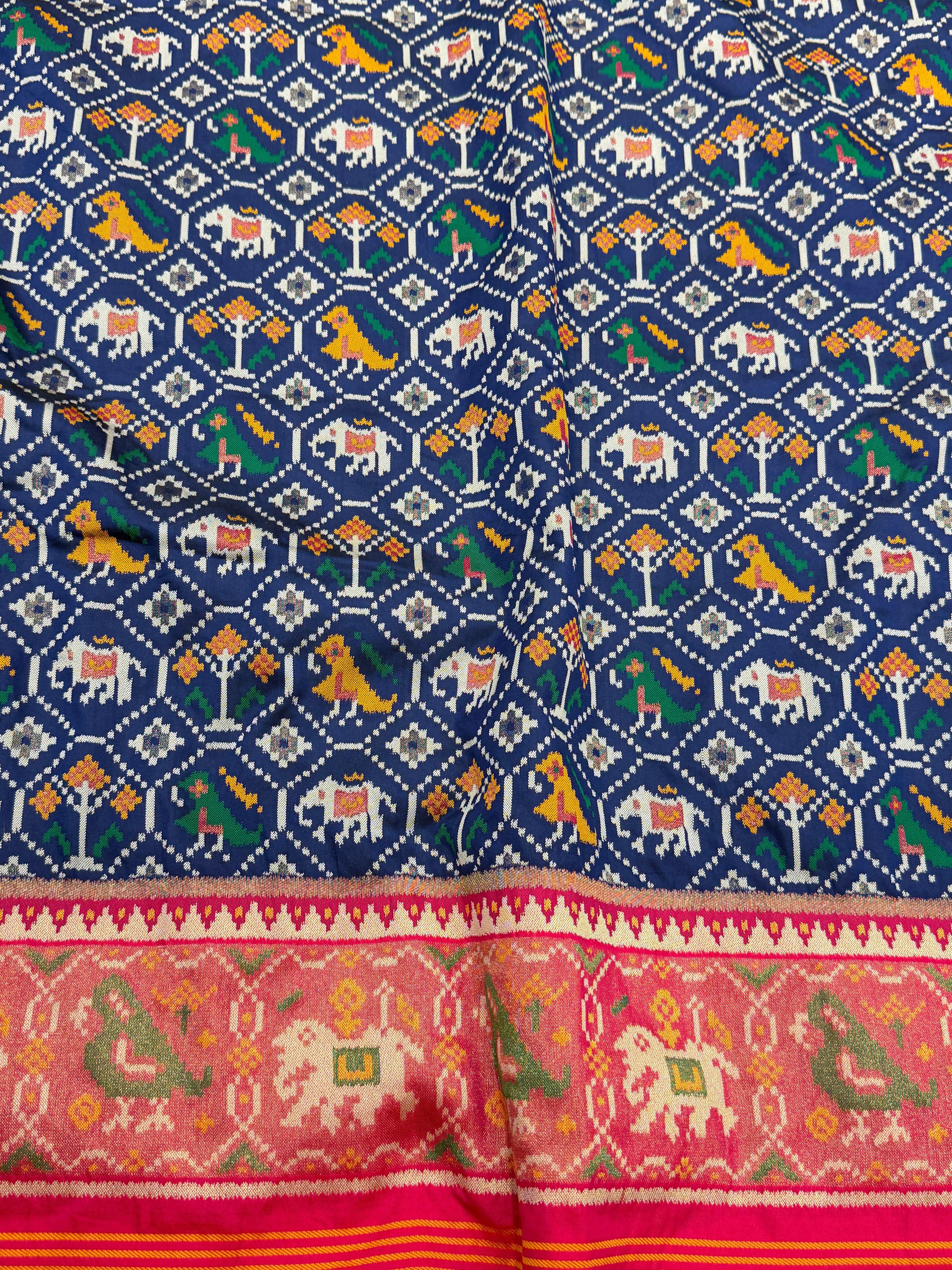Blue Pink Elephant Jaal Semi Silk Weaved Patan Patola Saree