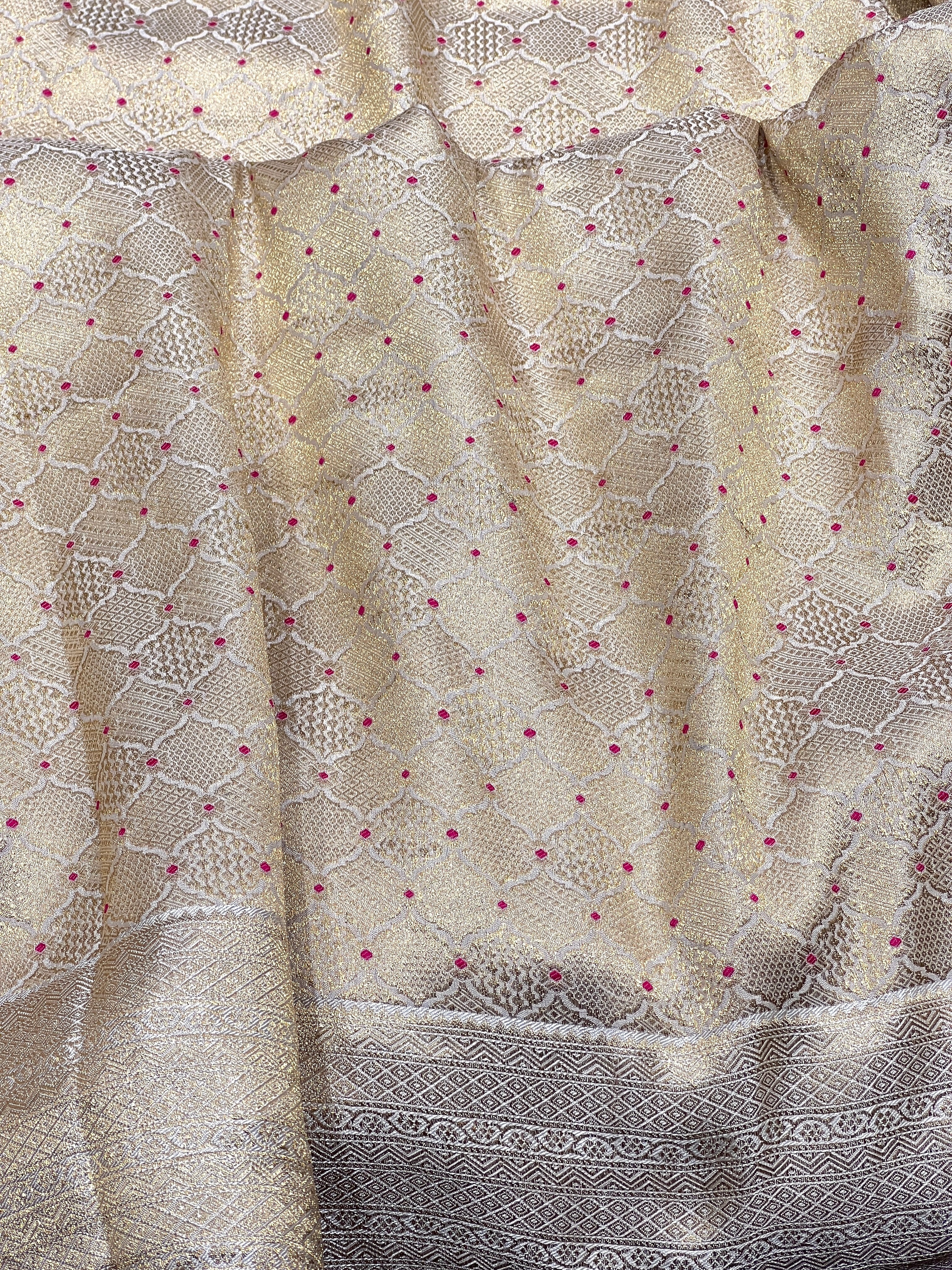 Golden Banarasi Crepe Tissue Silk Criss Cross Saree