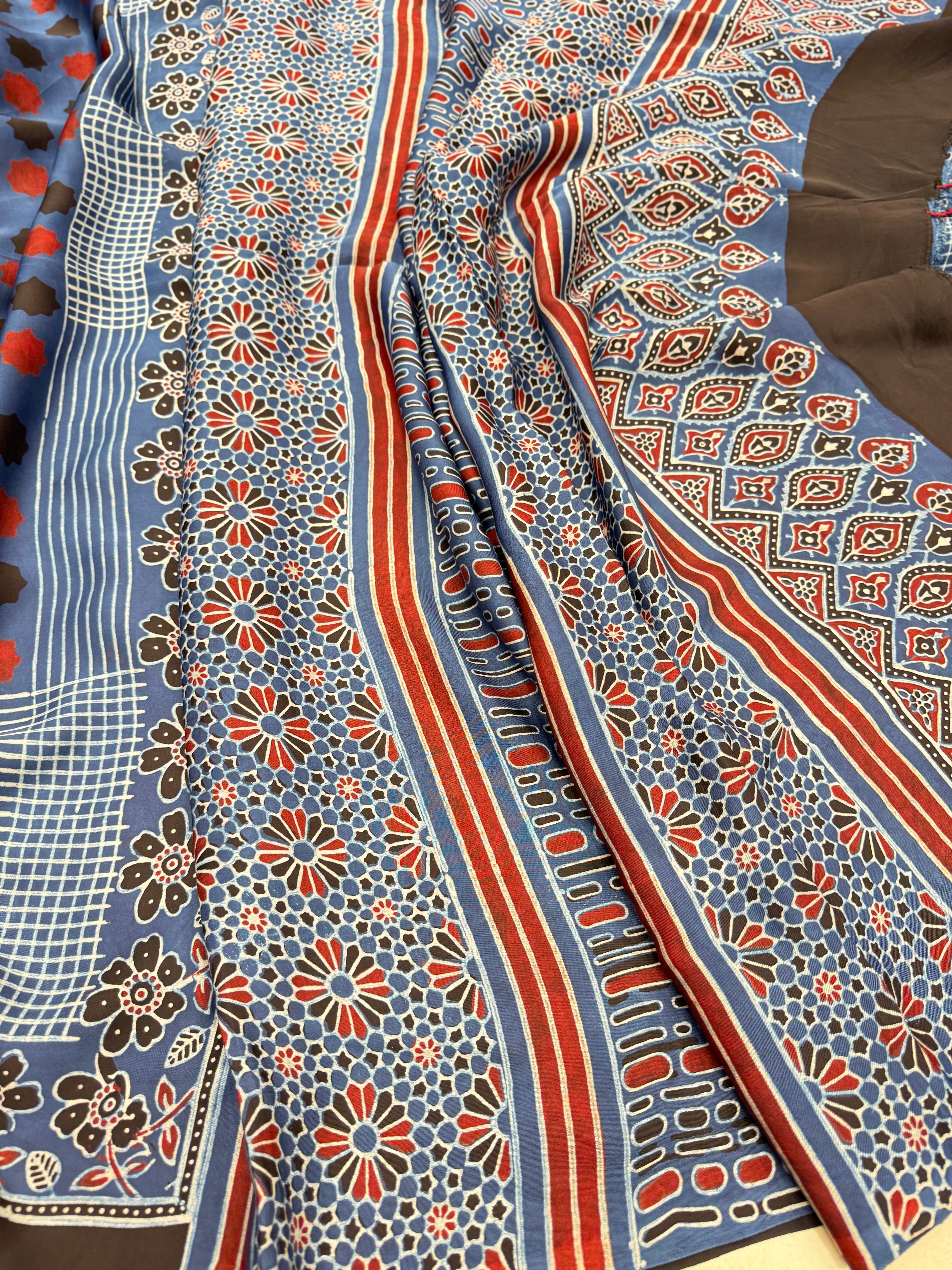 Blue Contemporary Modal Gajji Silk Ajrakh Saree