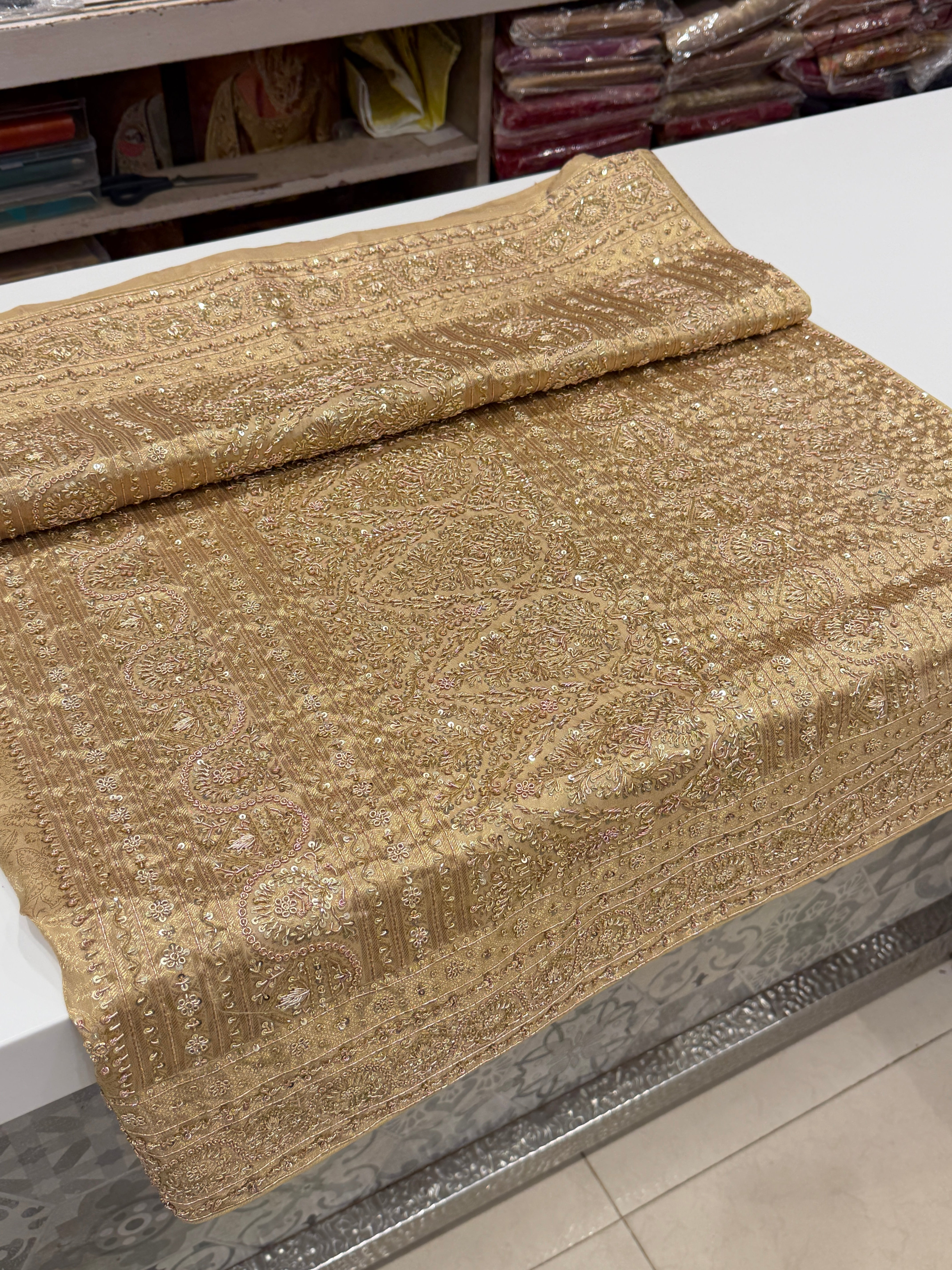 Beige Gold Kanjivaram Zardosi Hand Embroidery Saree