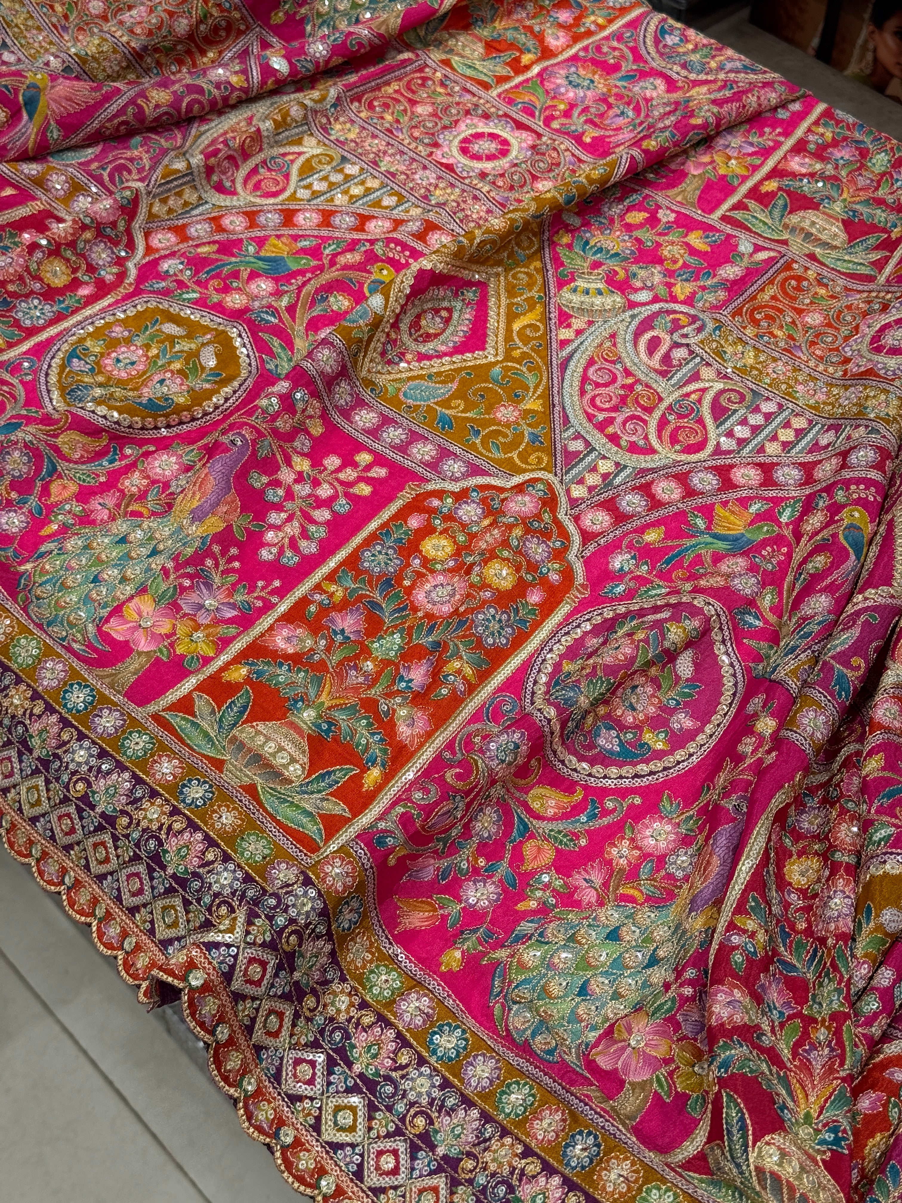 Rani Meenakari Crepe Banarasi Pita Embroidery Saree