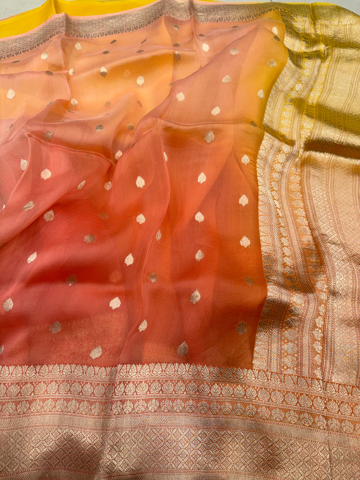 Orange Shaded Handloom Banarasi Kora Buttis Saree