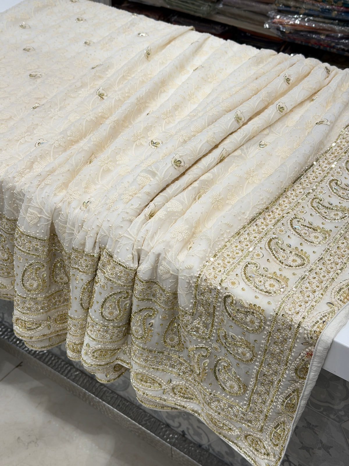 Moti White Chikankari Georgette Pita Sequin Hand Embroidery Saree