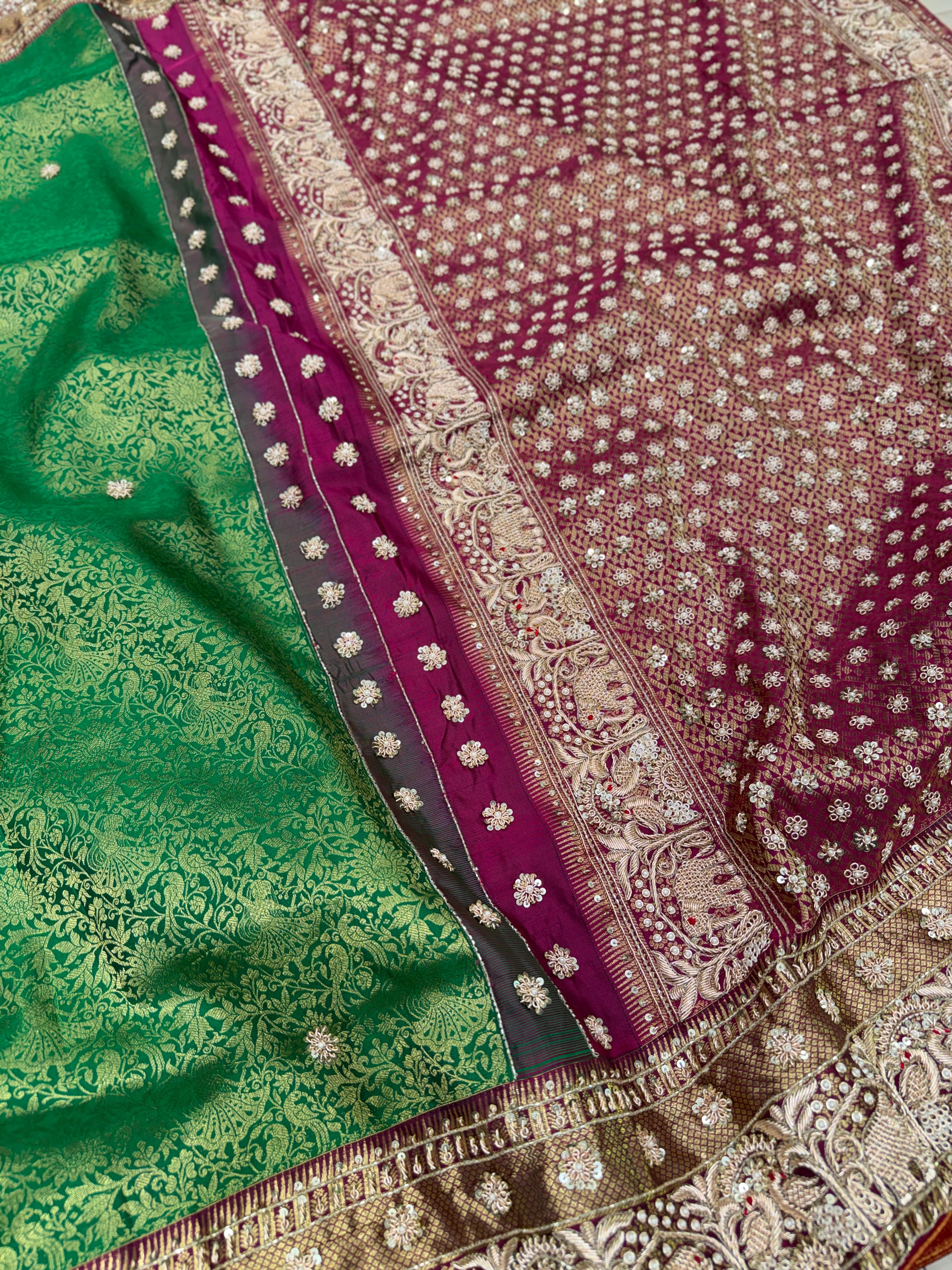 Green Purple Kanjivaram Elephant Motifs Zardosi Hand Embroidery Saree