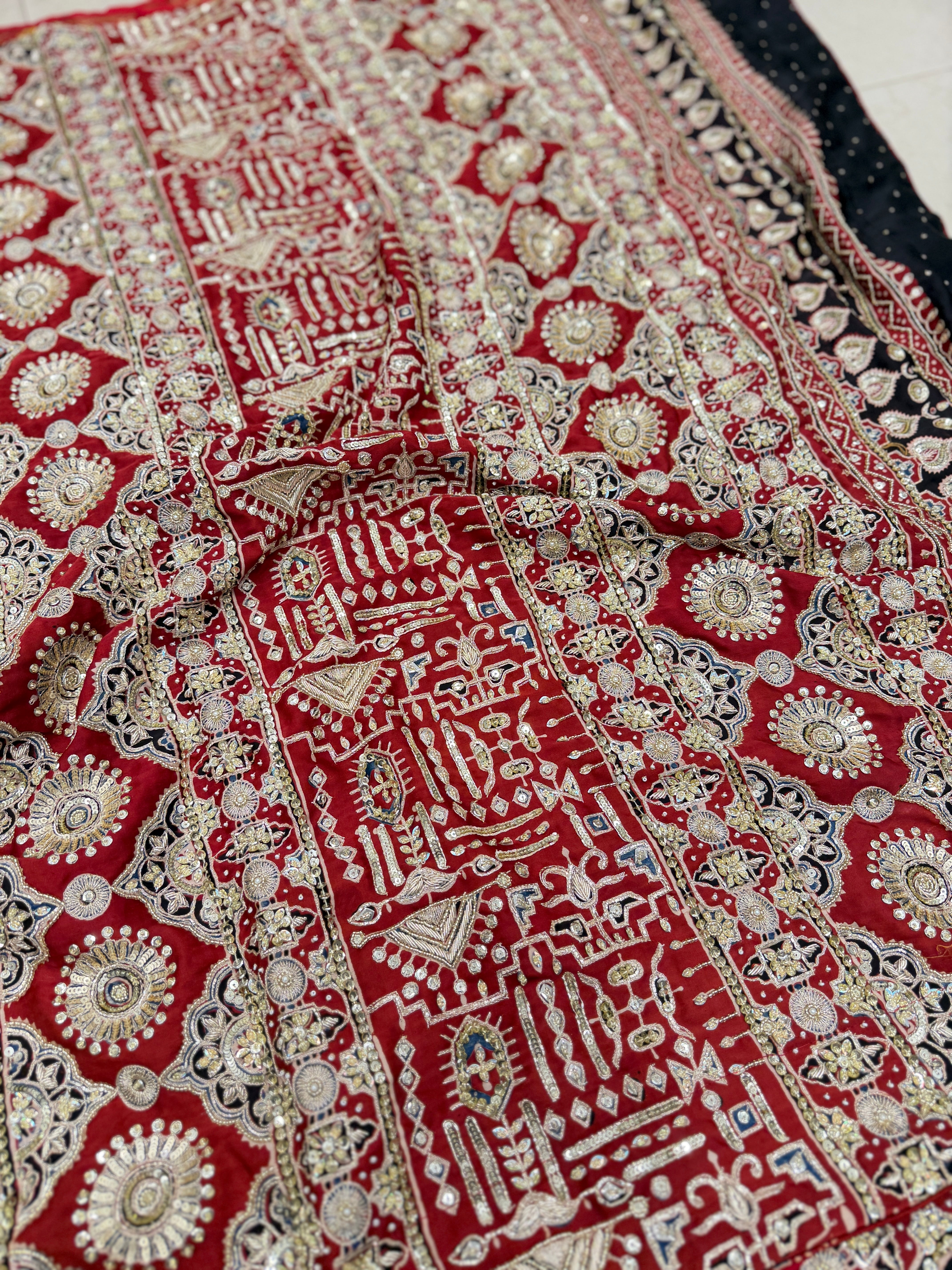 Red Gharchola Ajrakh Zardosi Pita Hand Embroidery Saree