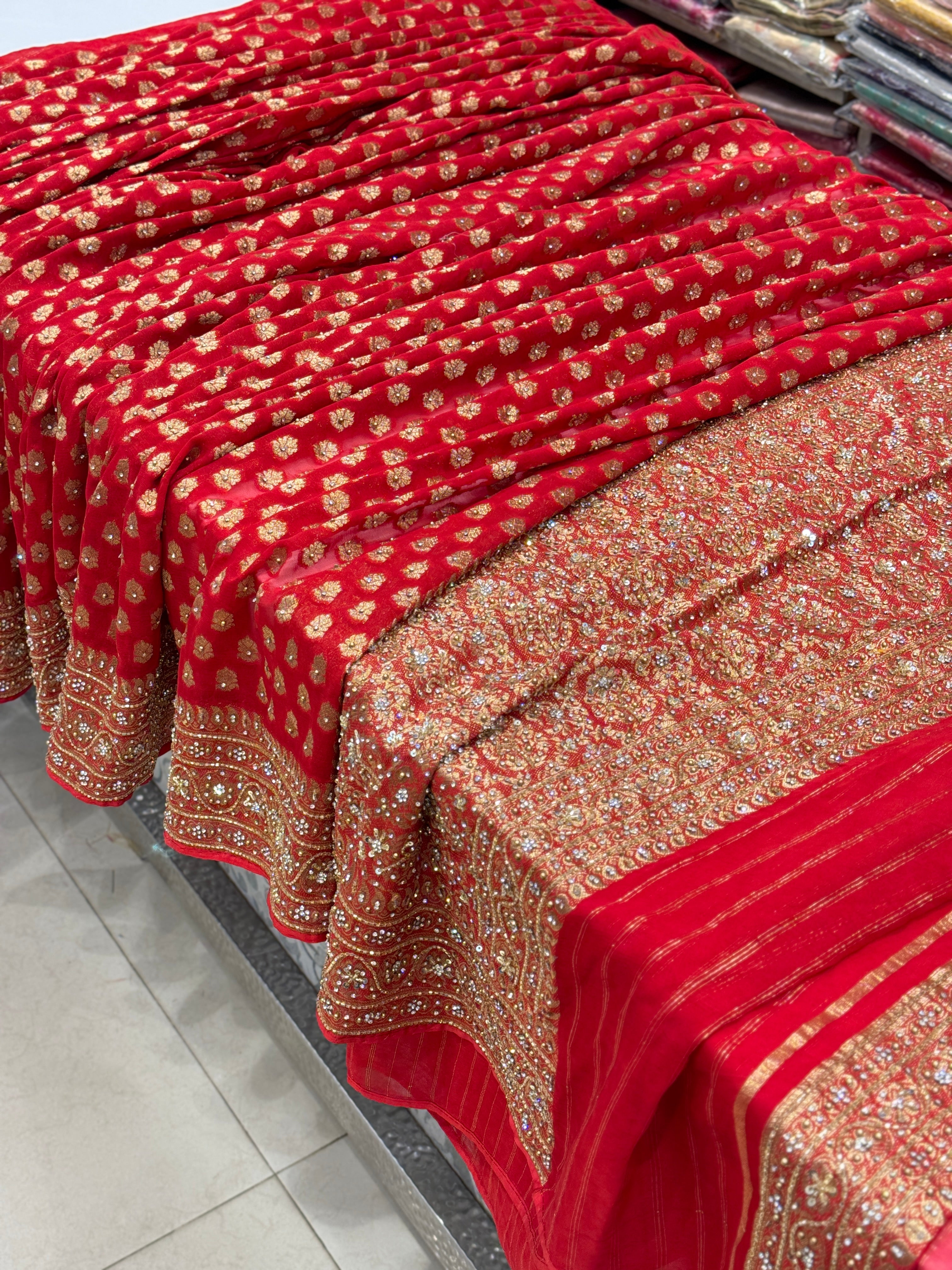 Red Banarasi Khaddi Georgette Hand Done Buttis