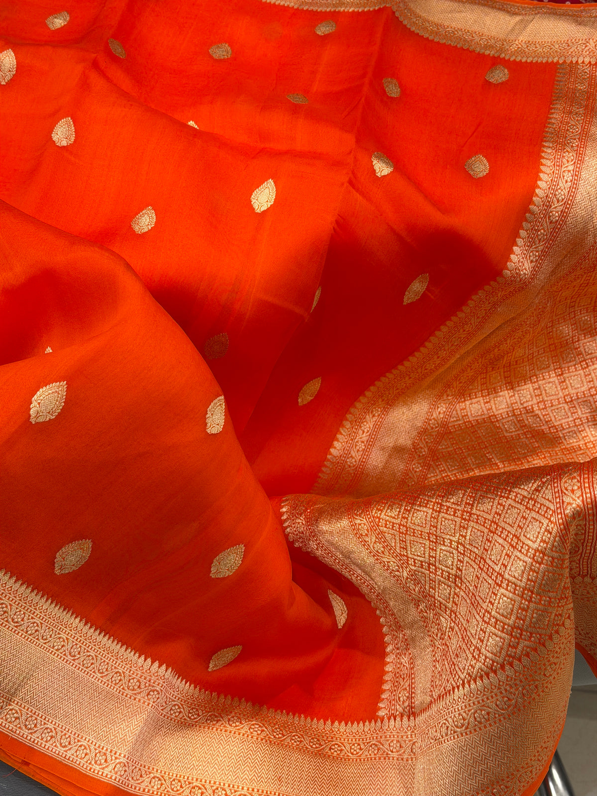 Orange Buttis Handloom Banarasi Kora Silk Saree