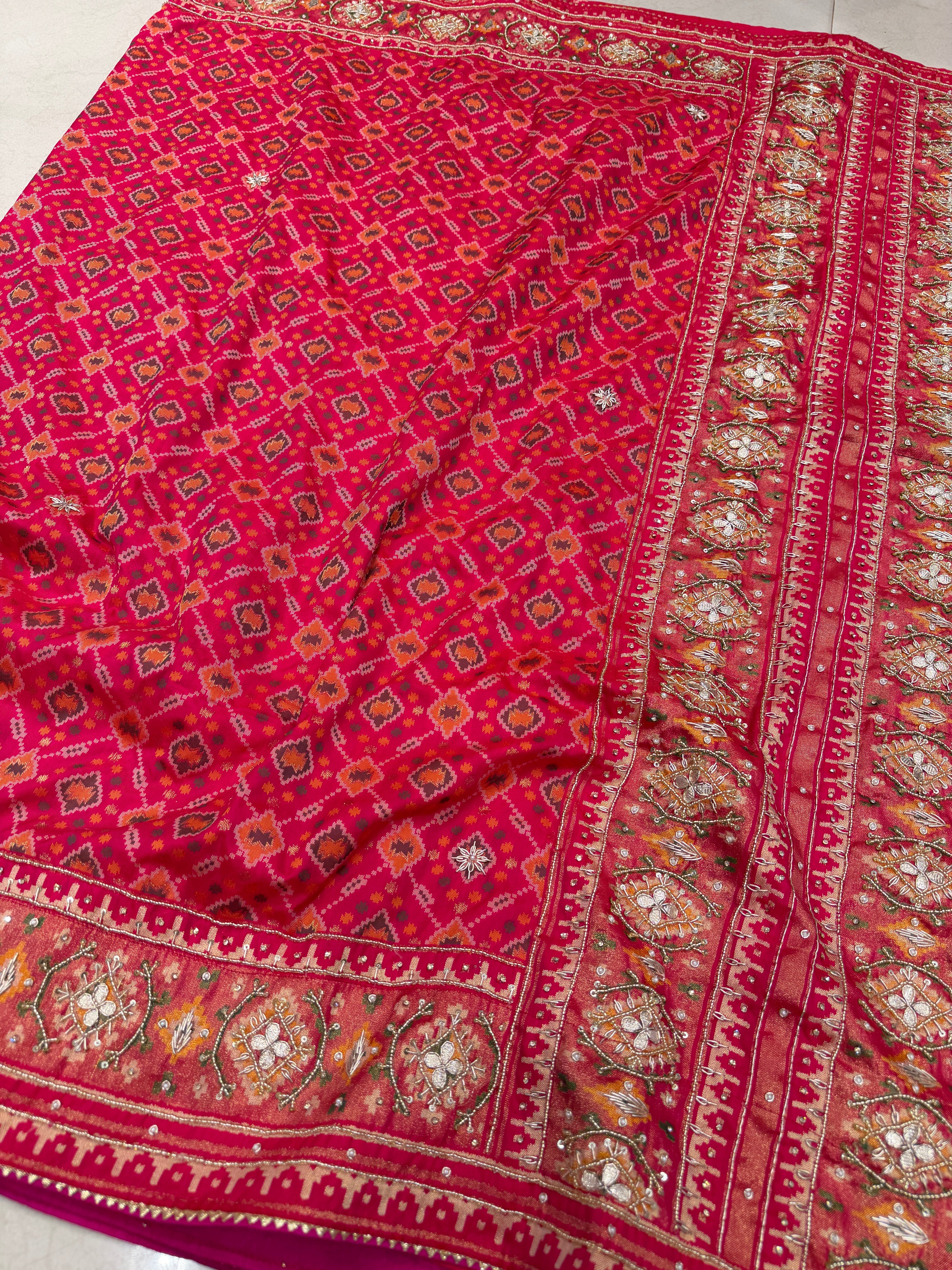 Rani Patola Cross Jaal Hand Embroidery Saree