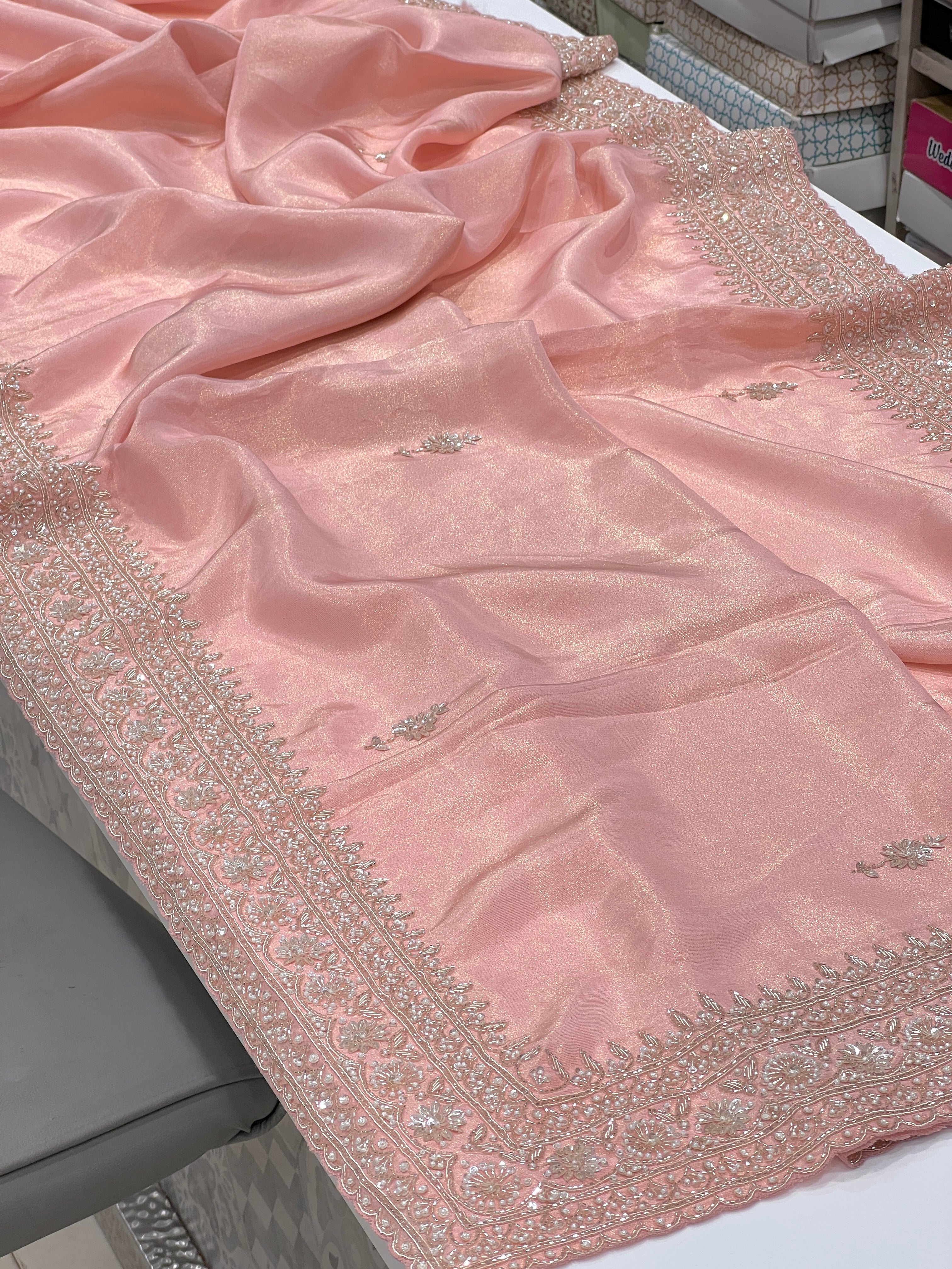 Pink Kareena Kapoor Inspired Crepe Tissue Embroidery Saree 2.0