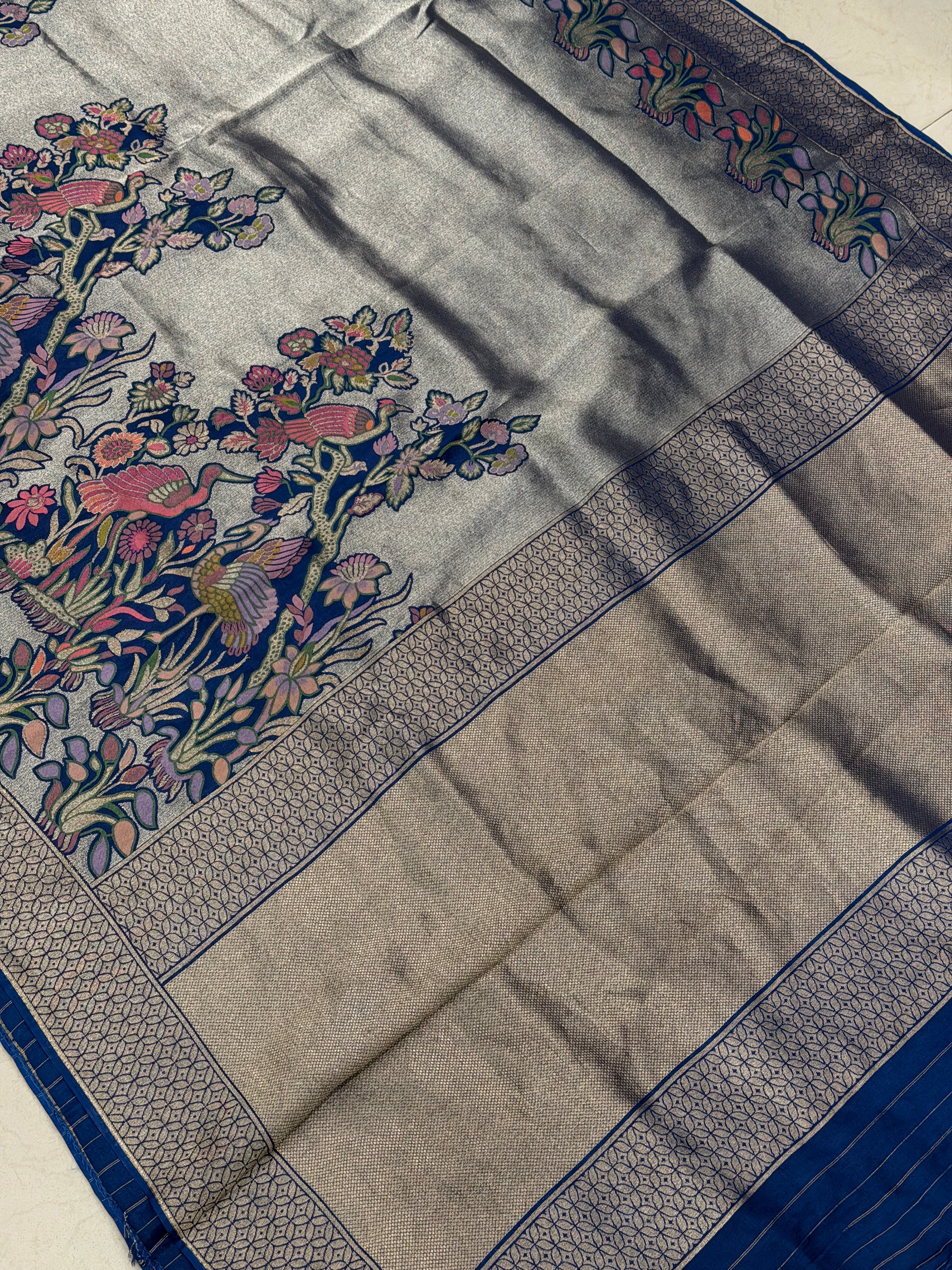 Blue Parsi Gara Weaved Munga Tissue Saree