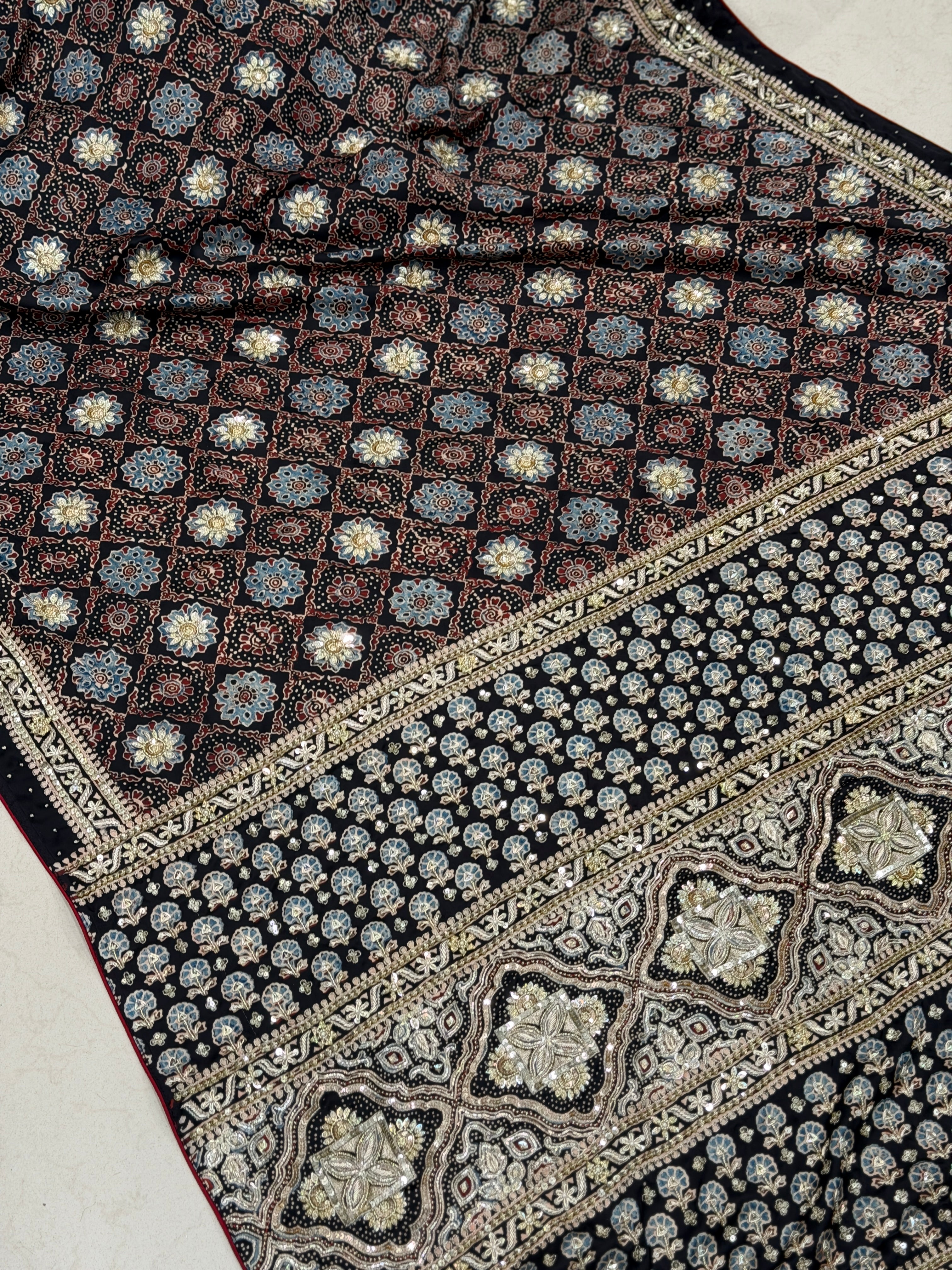 Black Floral Butta Pita Sequin Ajrakh Hand Embroidery Saree