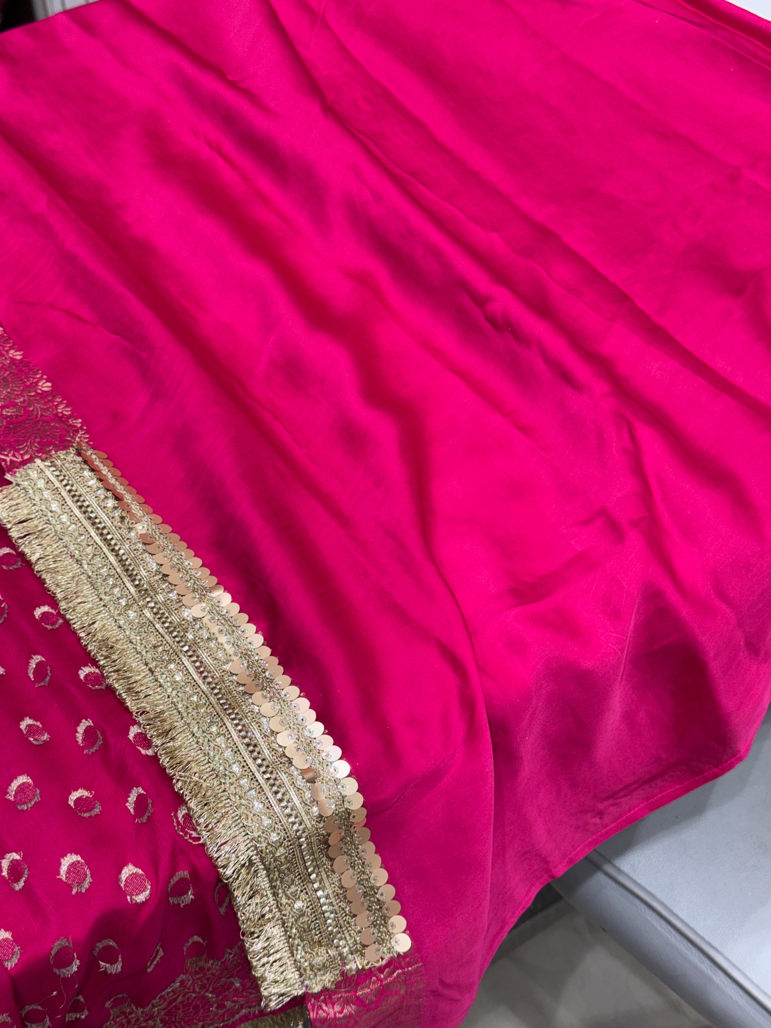 Rani Polka Dot Satin Silk Maharani Lace Saree
