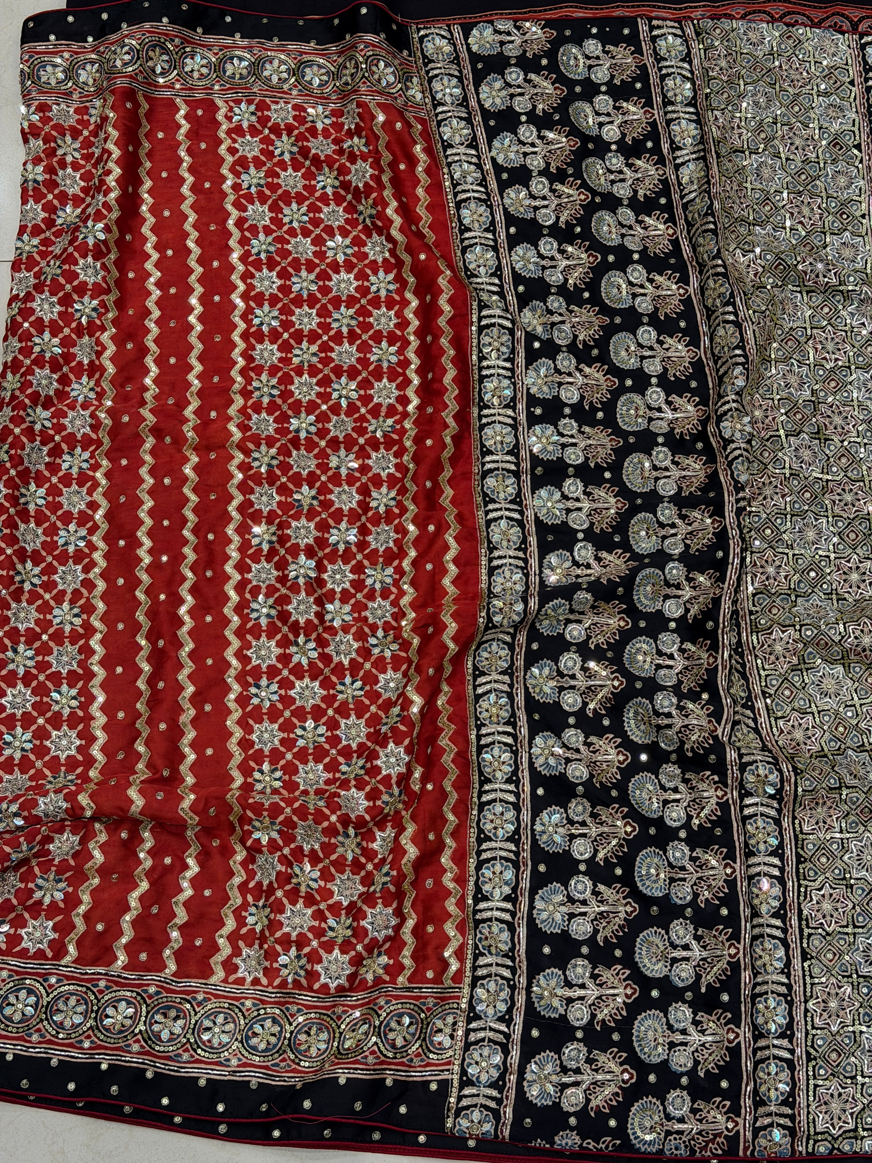 Red Black Jaal Pita Sequin Ajrakh Hand Embroidery Saree