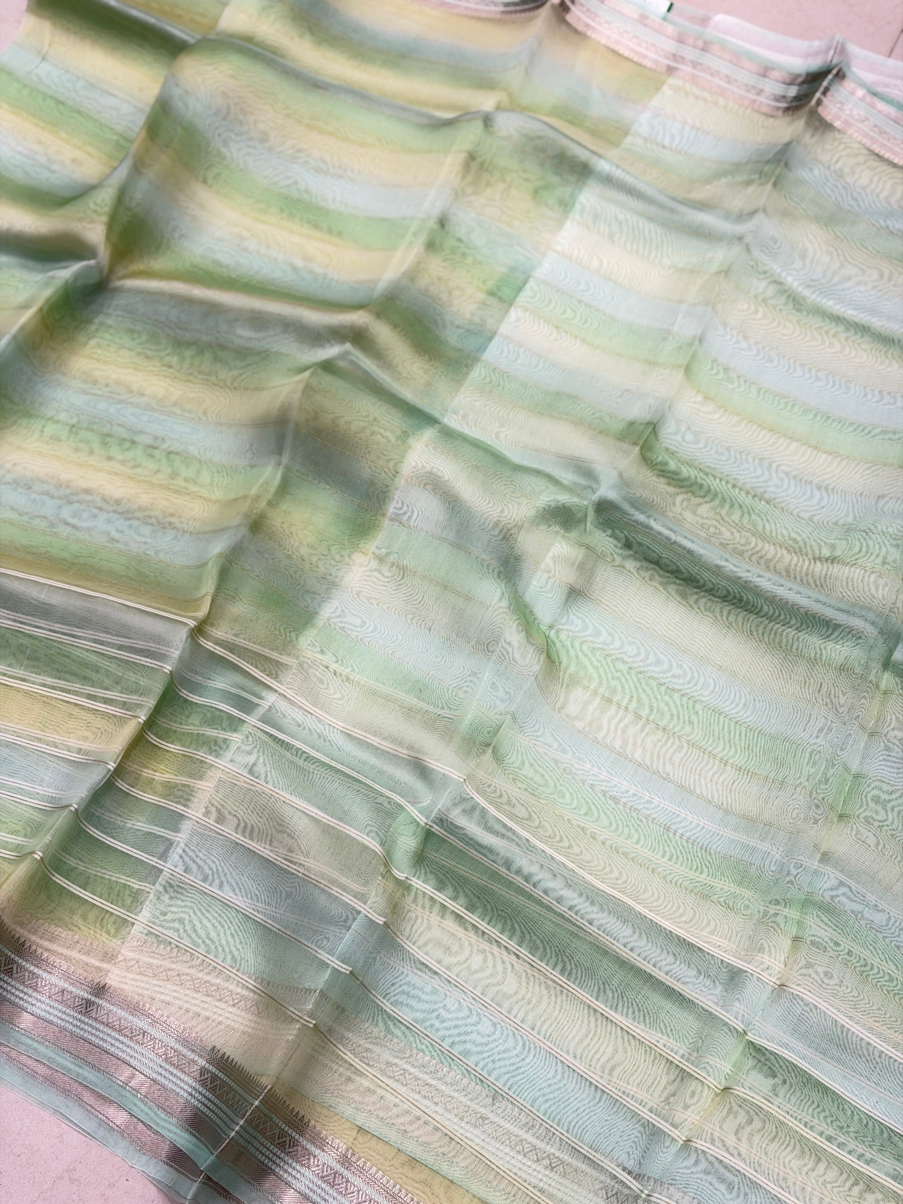Green Shaded Leheriya Handloom Pure Kora Silk Banarasi Saree
