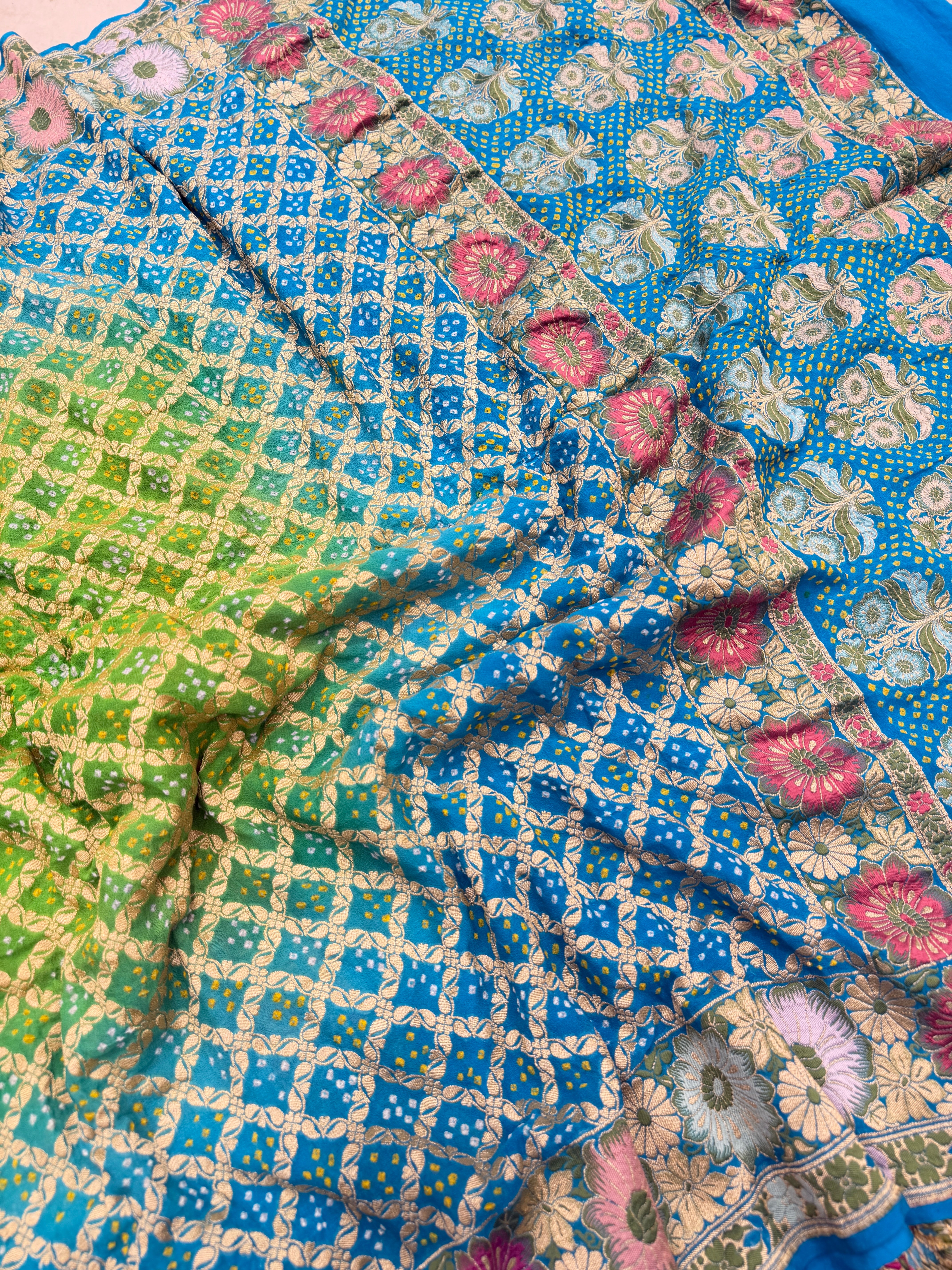 Jhanvi Kapoor Inspired Meenakari Floral Border Rai Bandhej Saree