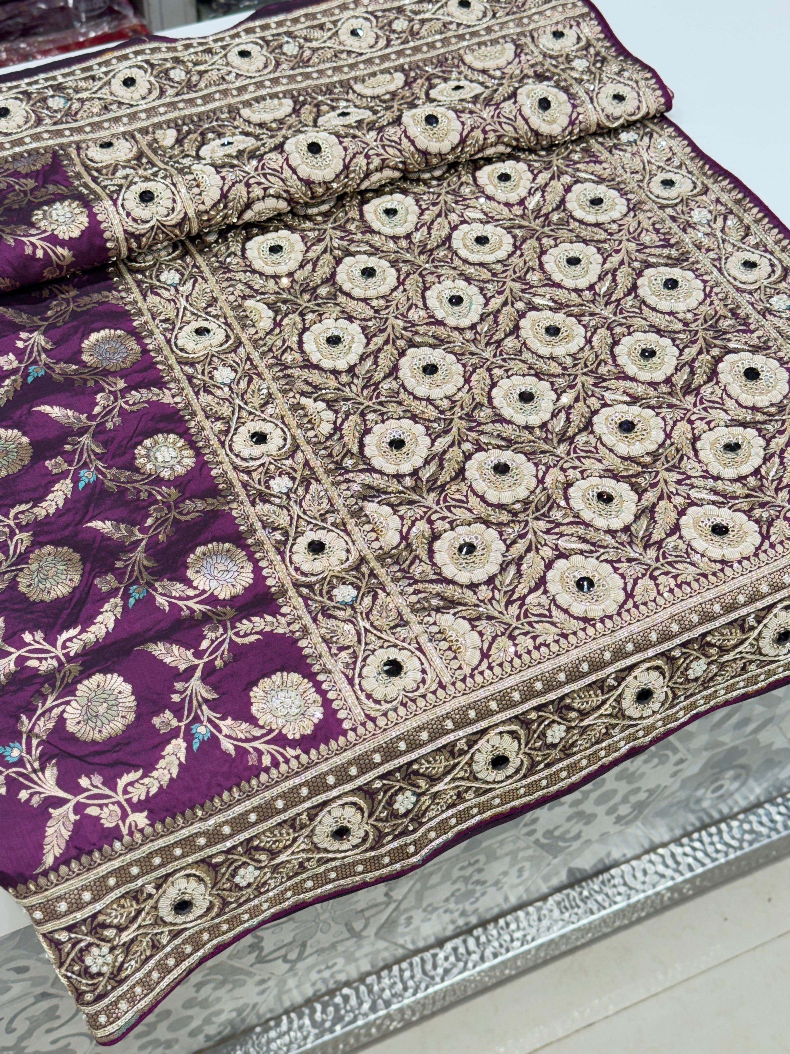 Violet Meenakari Handloom Banarasi Katan Jaal Zardosi Embroidery Saree