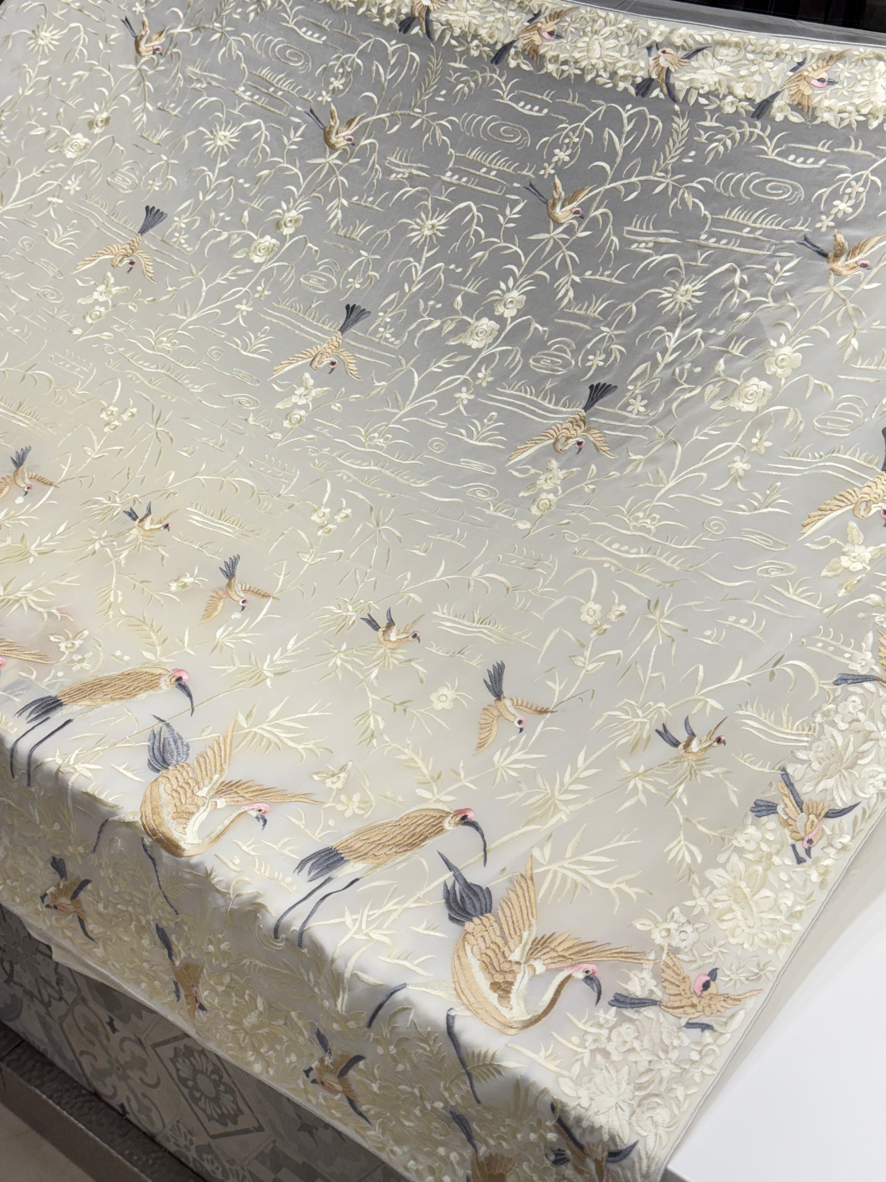 White Georgette Flying Flamingo Parsi Gara Saree