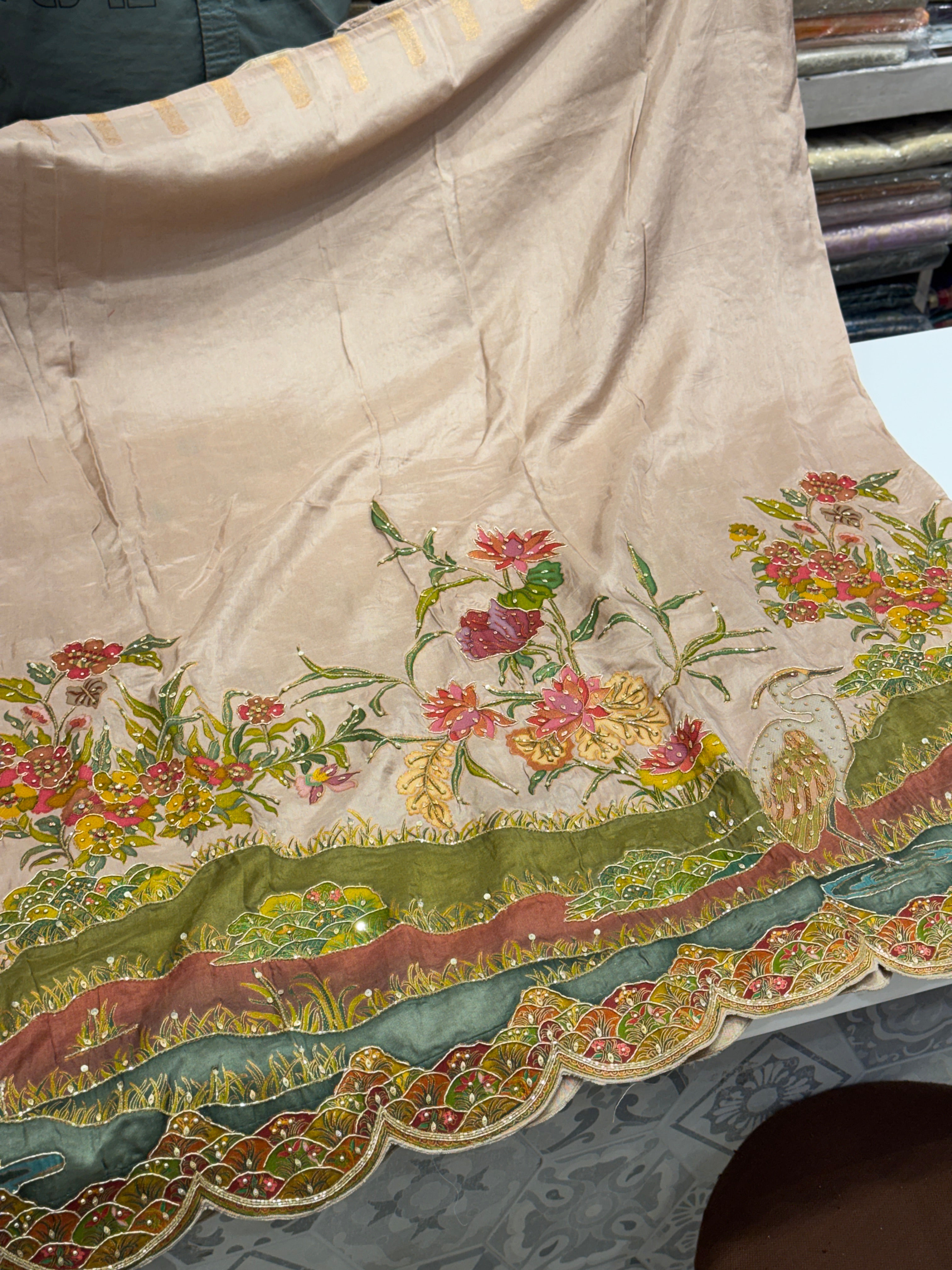 Nude Beige Landscape Hand Embroidery Saree