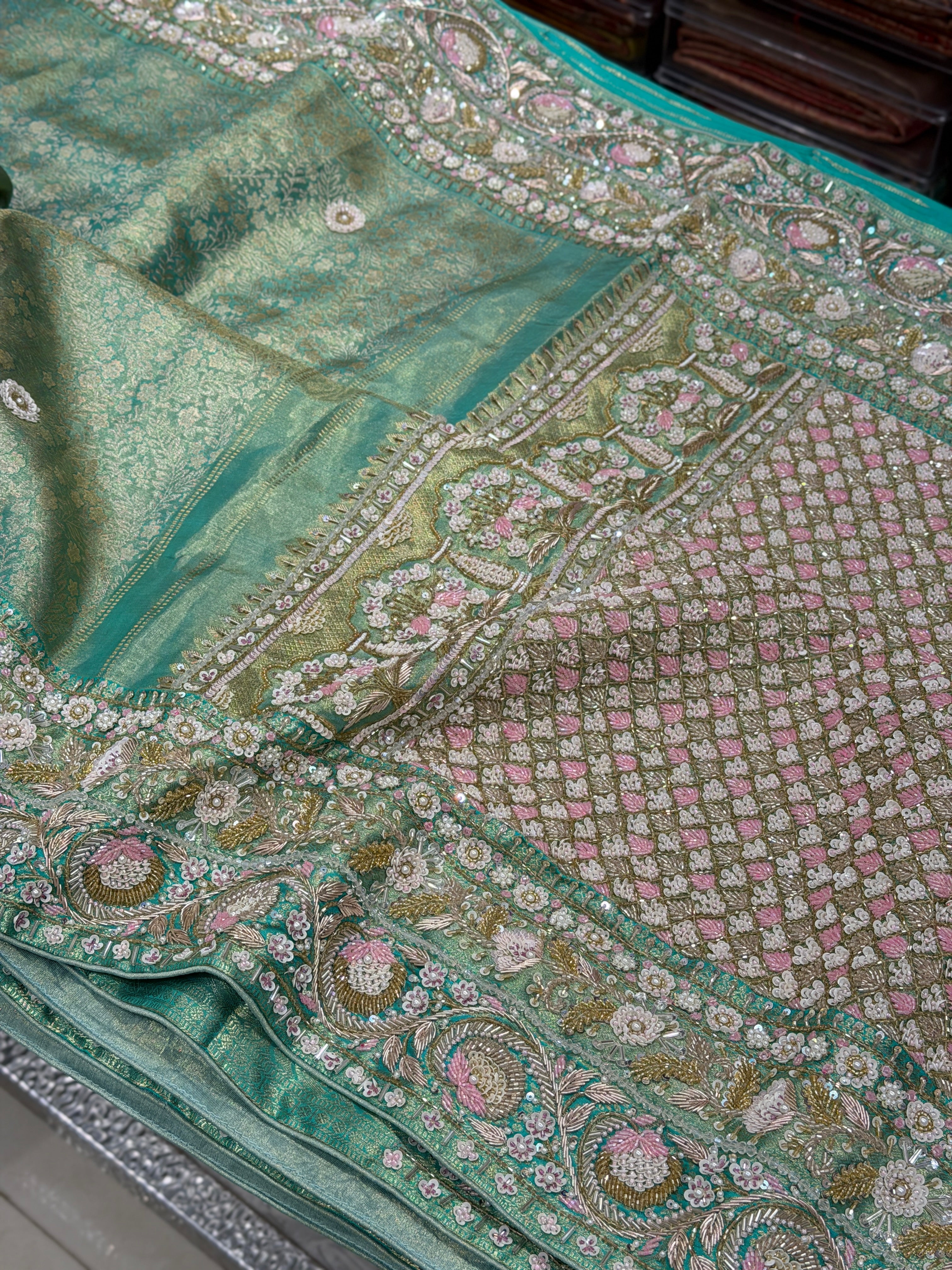 Pista Green Floral Tissue Kanjivaram Hand Embroidery Saree