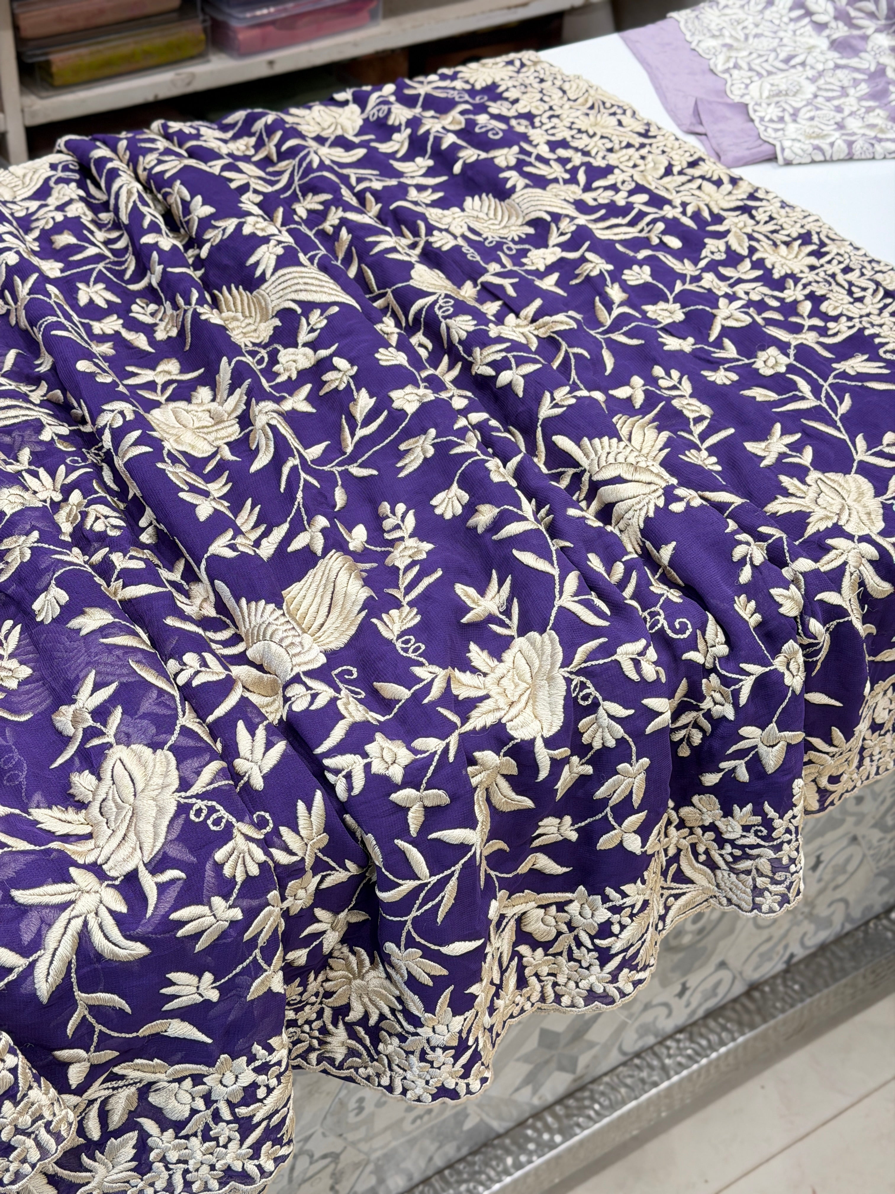 Violet Georgette Floral Jaal Flamingo Resham Embroidery Saree