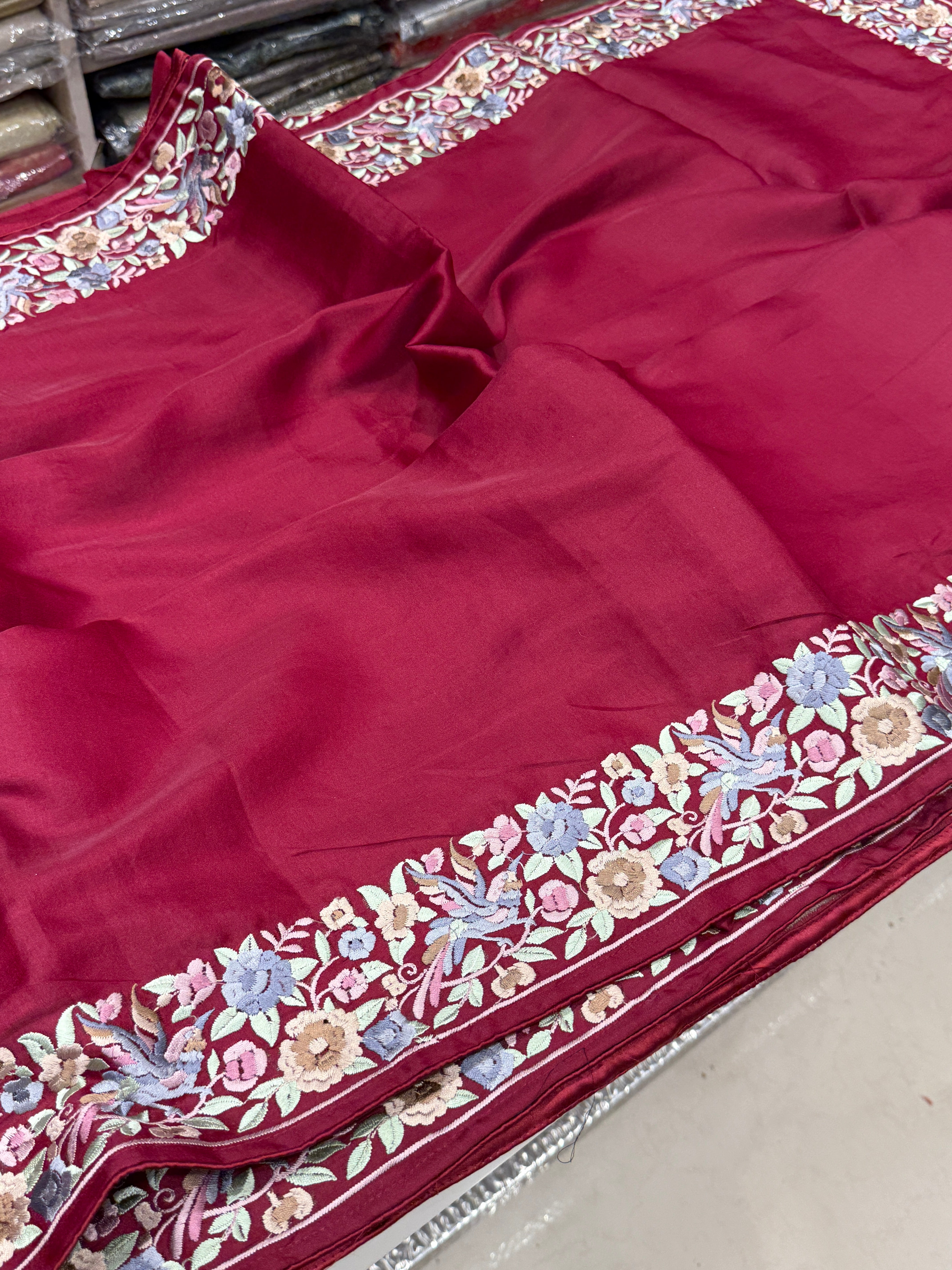 Maroon Silk Multi Colour Gara Border Saree