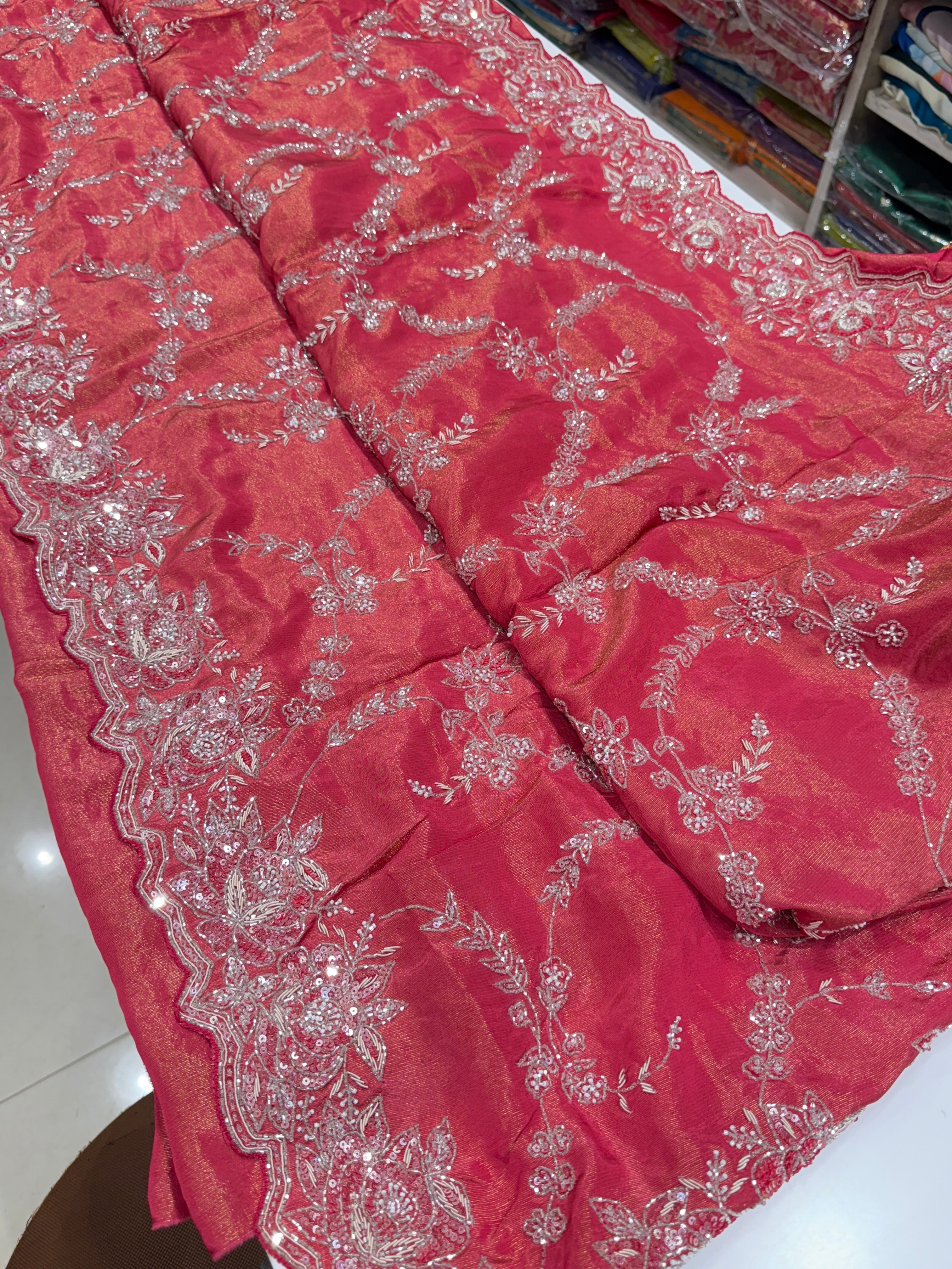 Rust Crepe Tissue Zardosi Jaal Saree