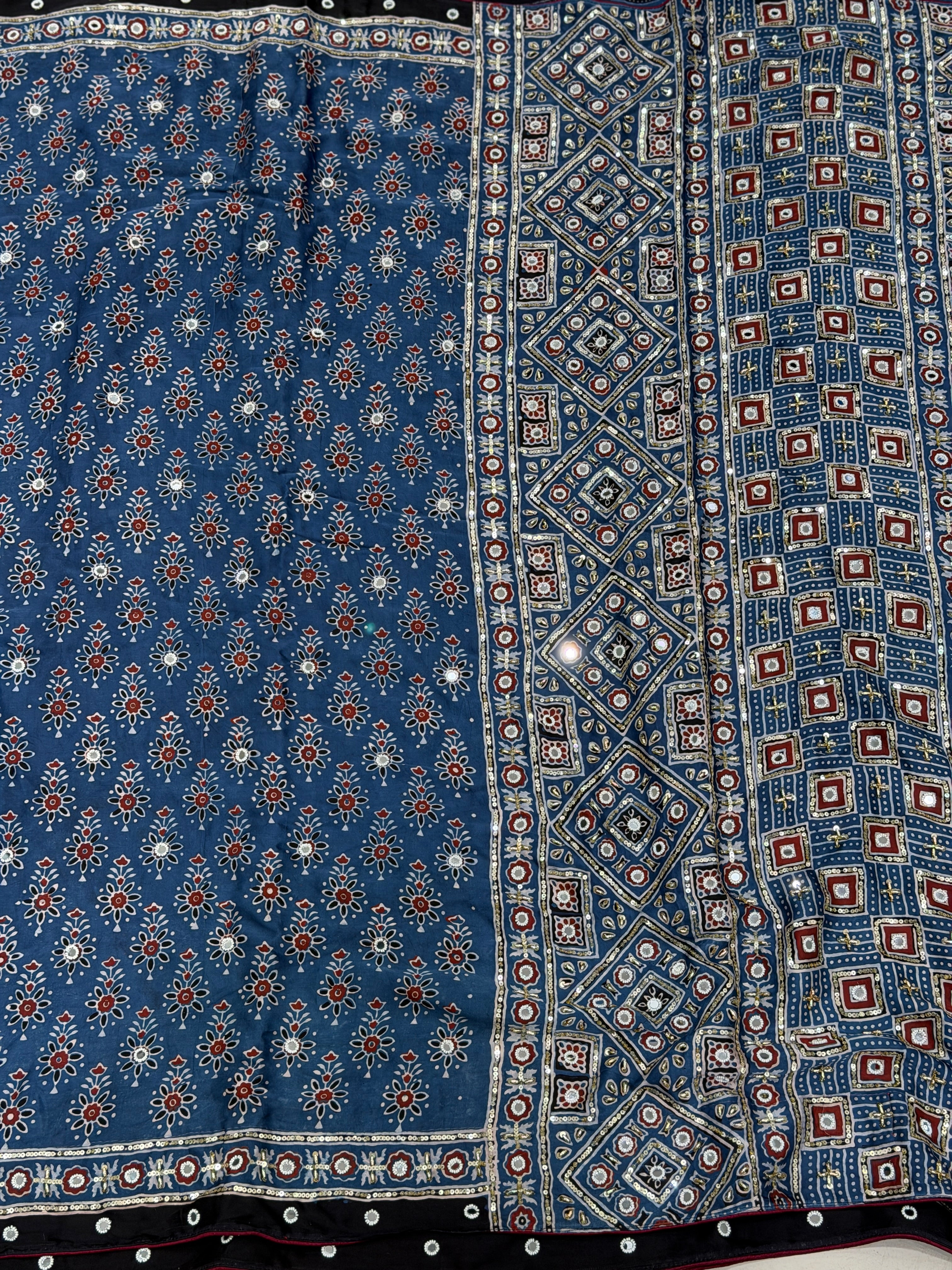 Blue Buttis Ajrakh Real Mirror Moti Sequin Hand Embroidery Saree