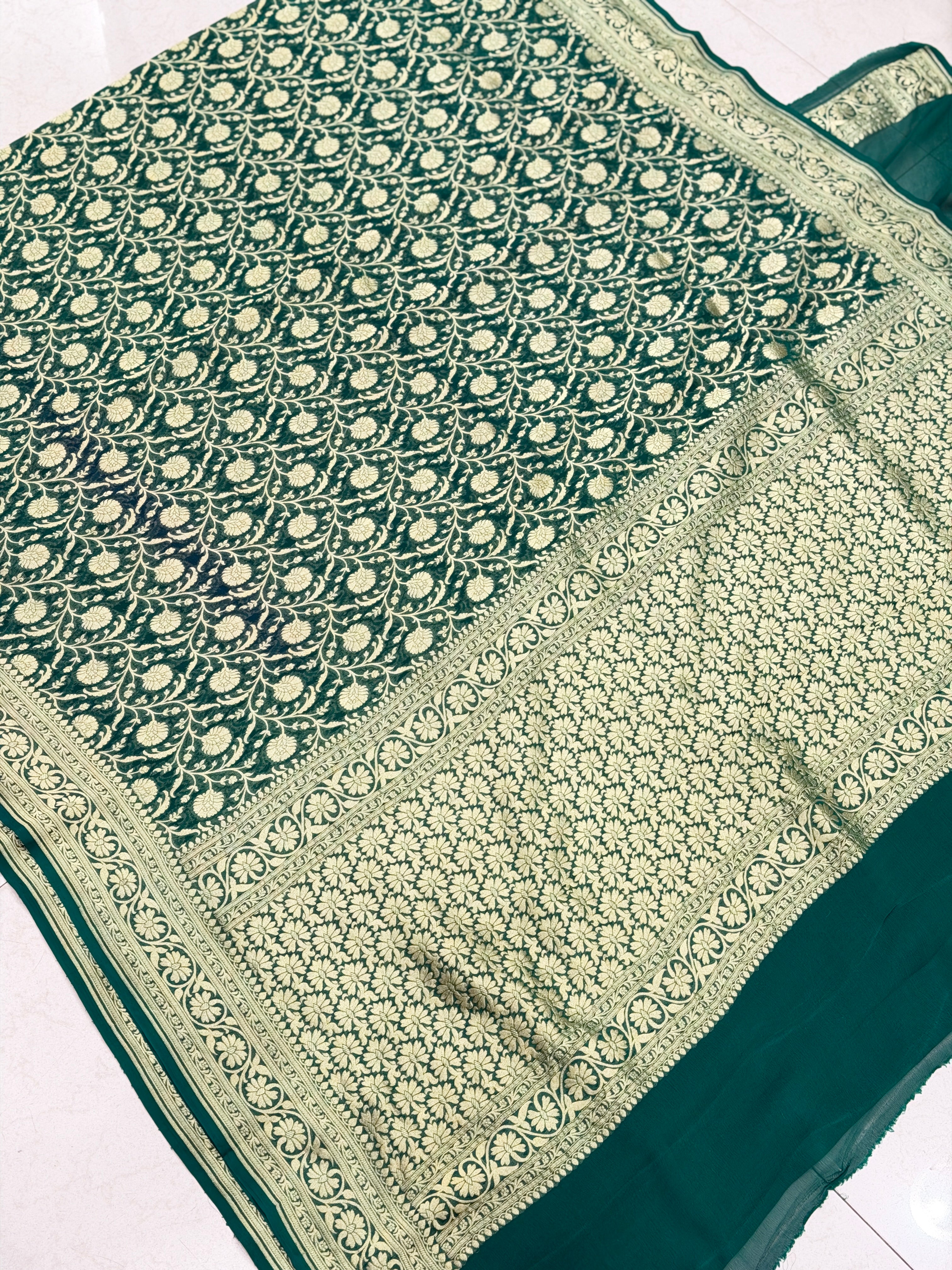 Bottle Green Mughal Jaal Handloom Banarasi Khaddi Georgette Saree