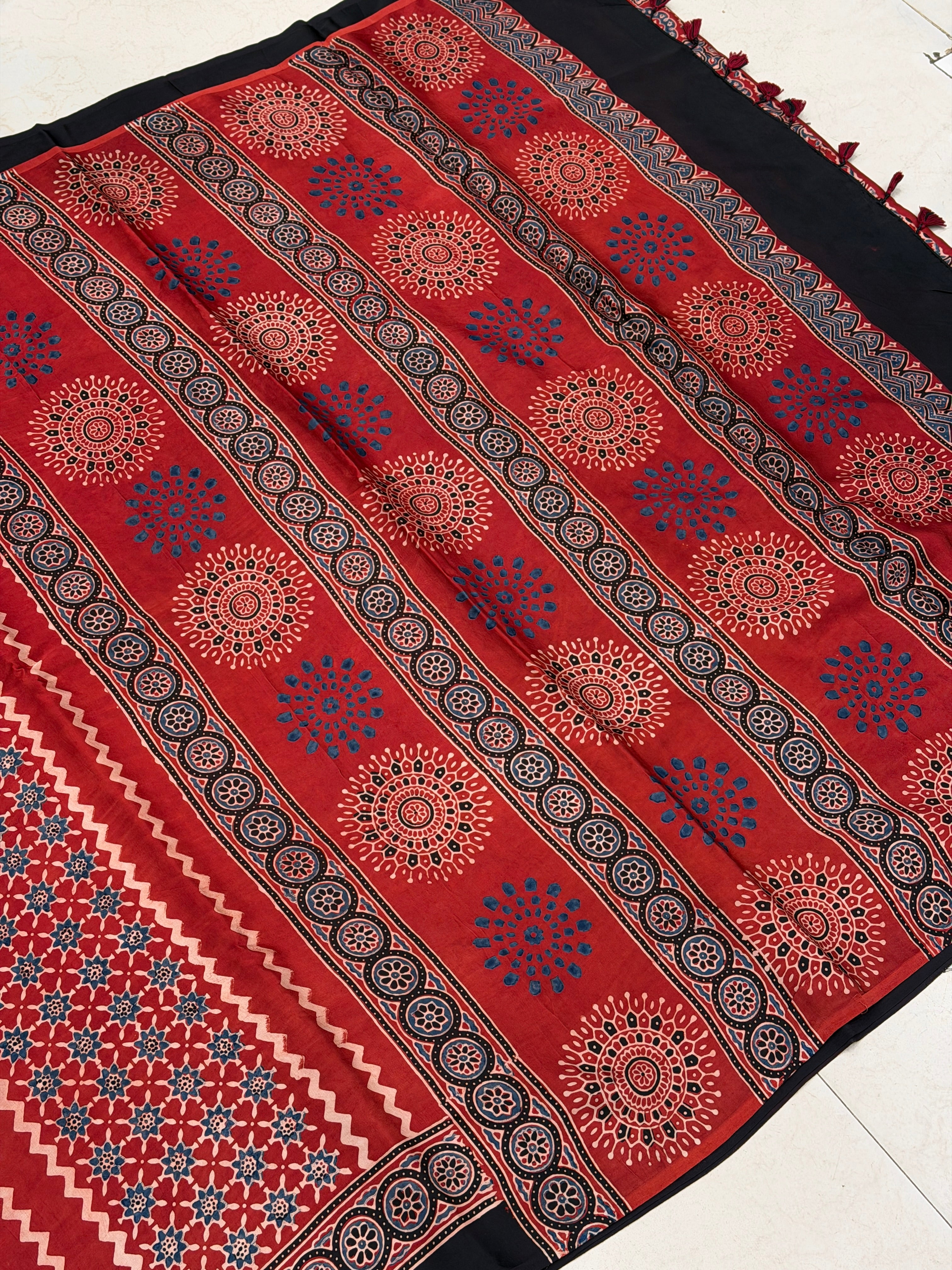 Red Modern Style Ajrakh Hand Block Print Pure Modal Silk Saree