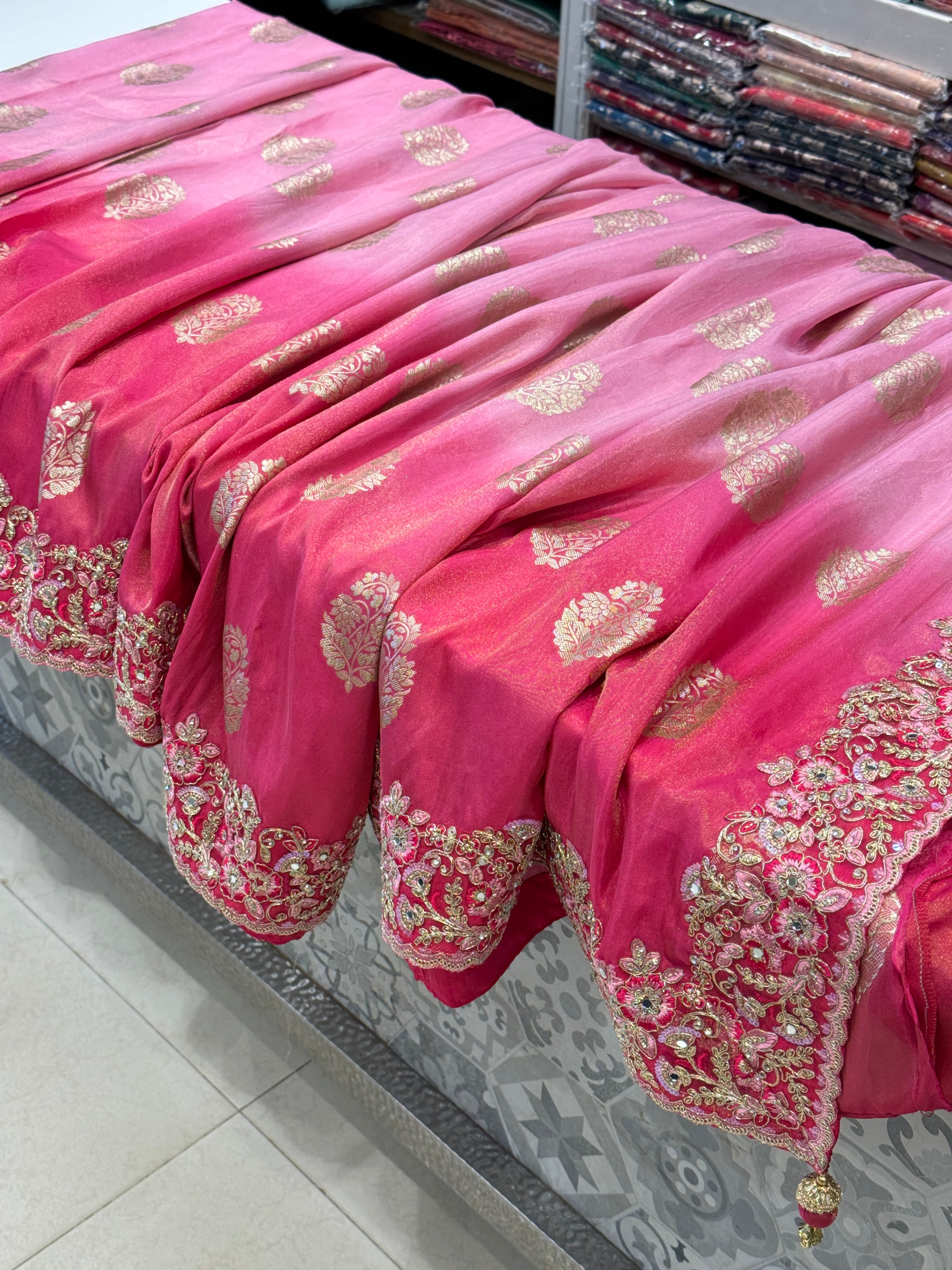 Rani Shaded Crepe Tissue Embroidery Saree