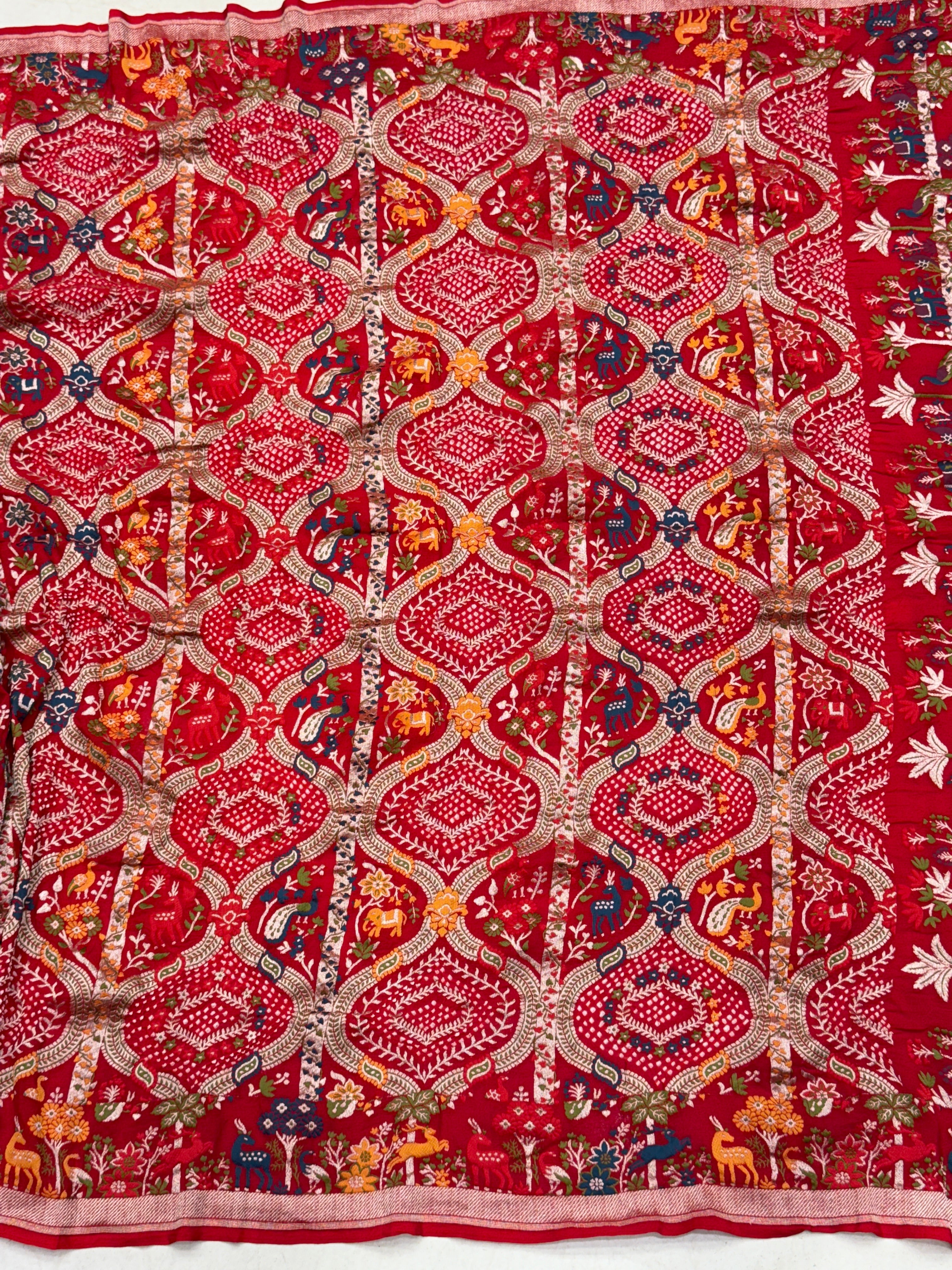 Red Meenakari Rai Bandhej Shikara Border Saree