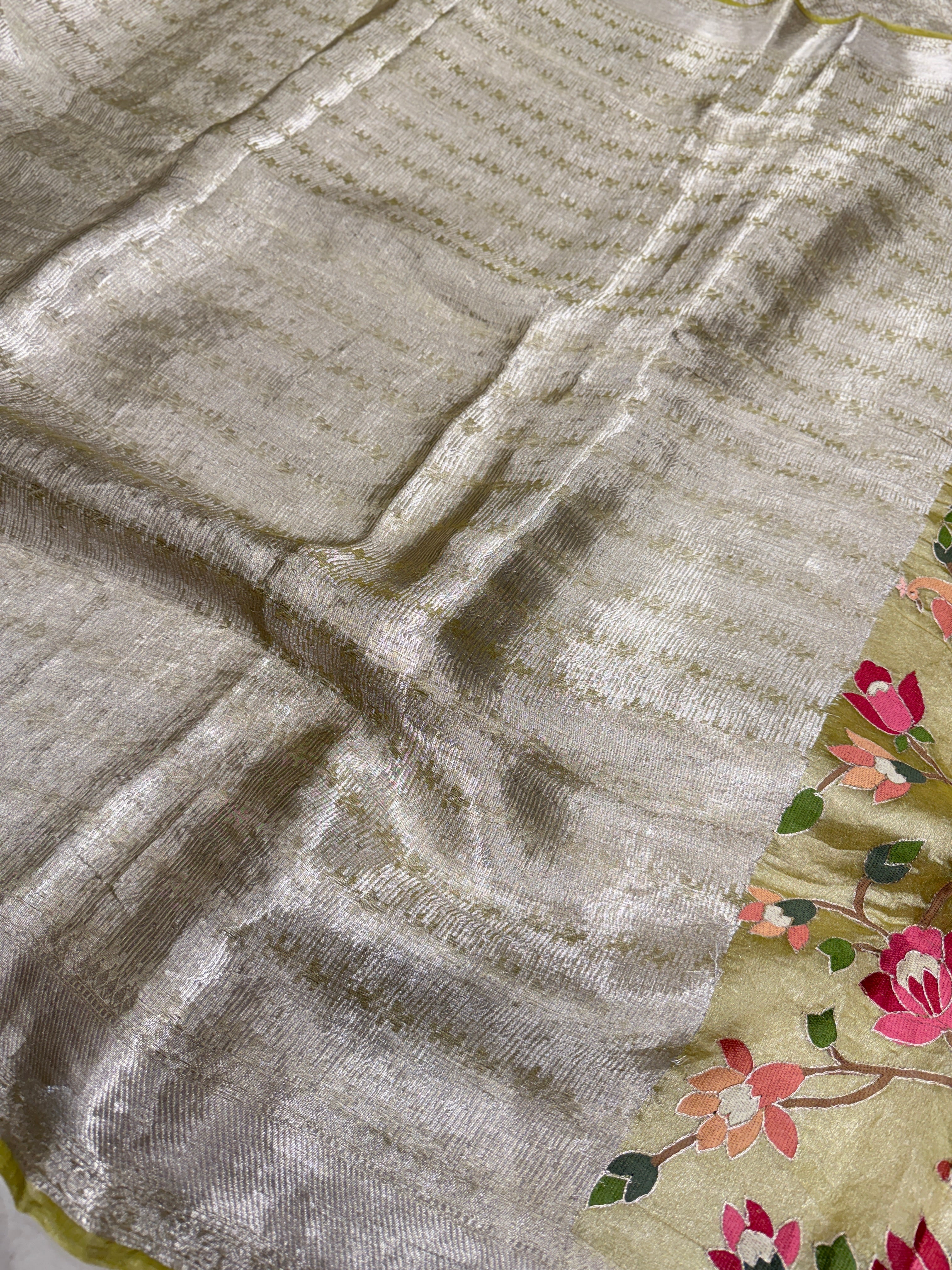 Yellow Silver Handloom Tissue Swans Contemporary Resham Embroidery Saree