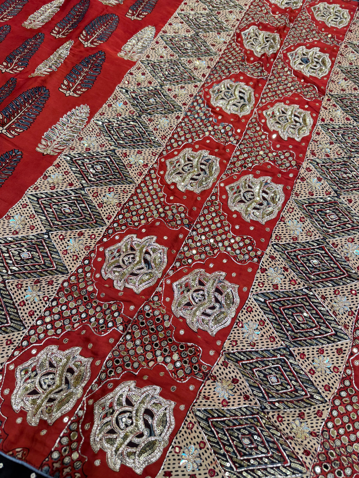 Red Buttas Pita Zardosi Sequin Ajrakh Hand Embroidery Saree