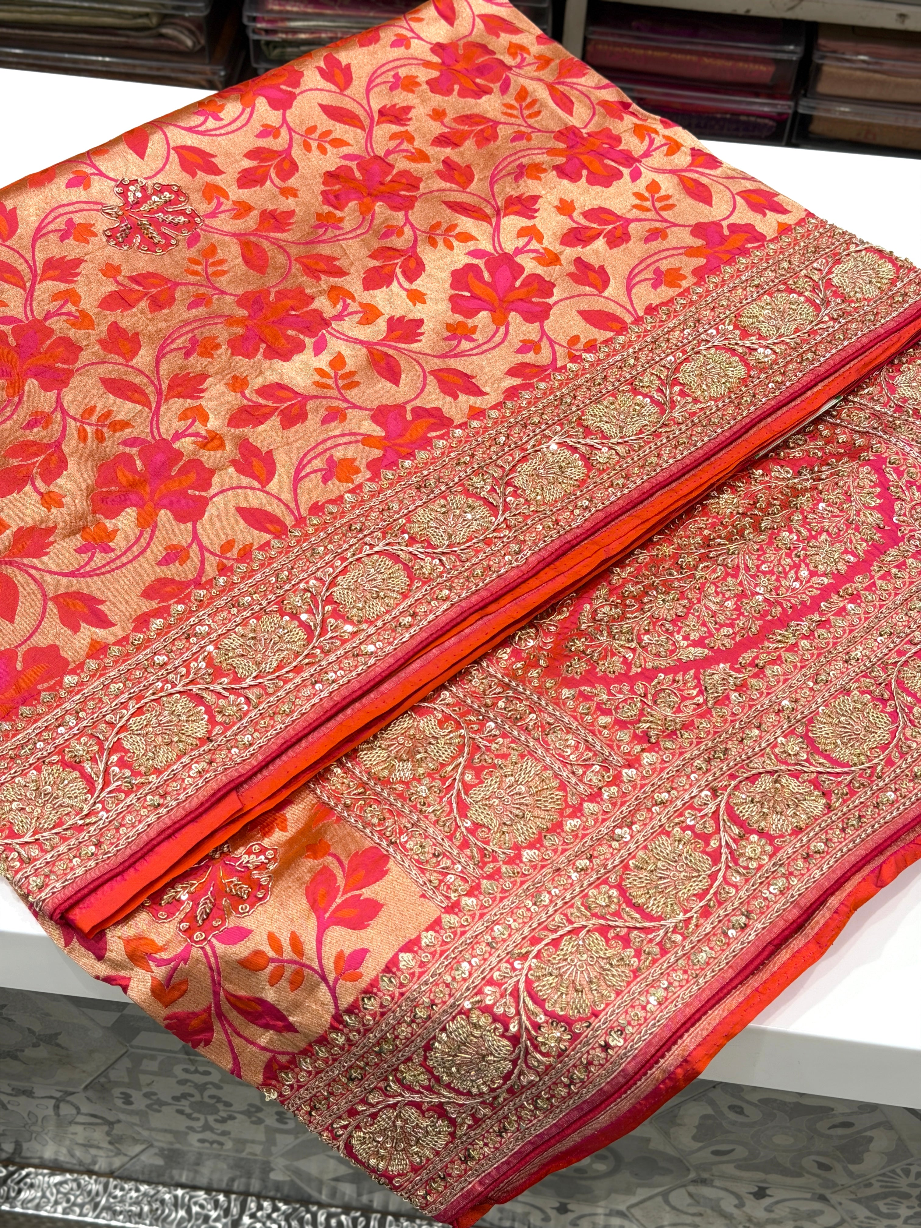 Rust Orange Handloom Banarasi Katan Silk Zardosi Hand Embroidery Saree