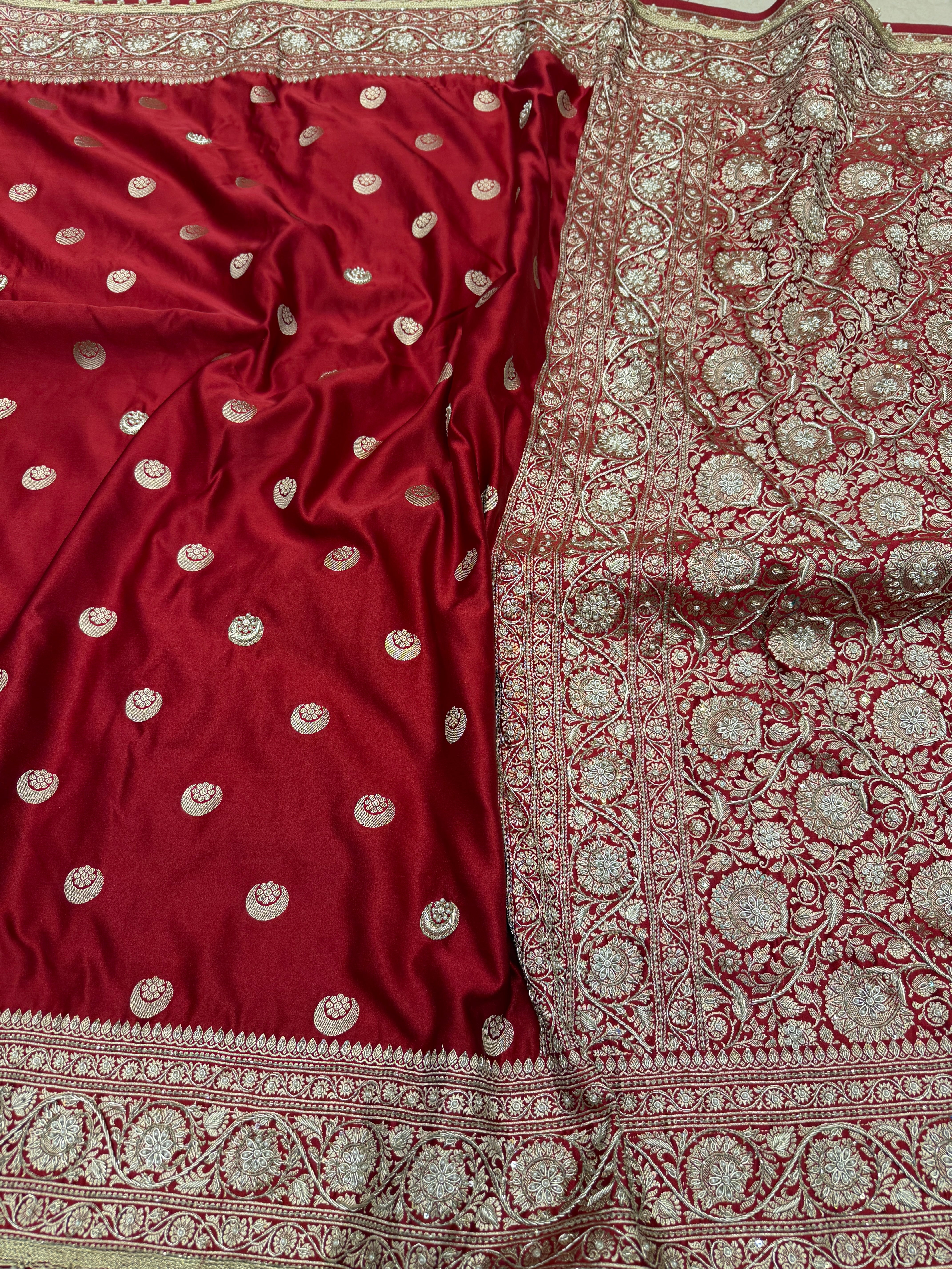 Maroon Banarasi Chand Butti Zardosi Hand Embroidery Saree