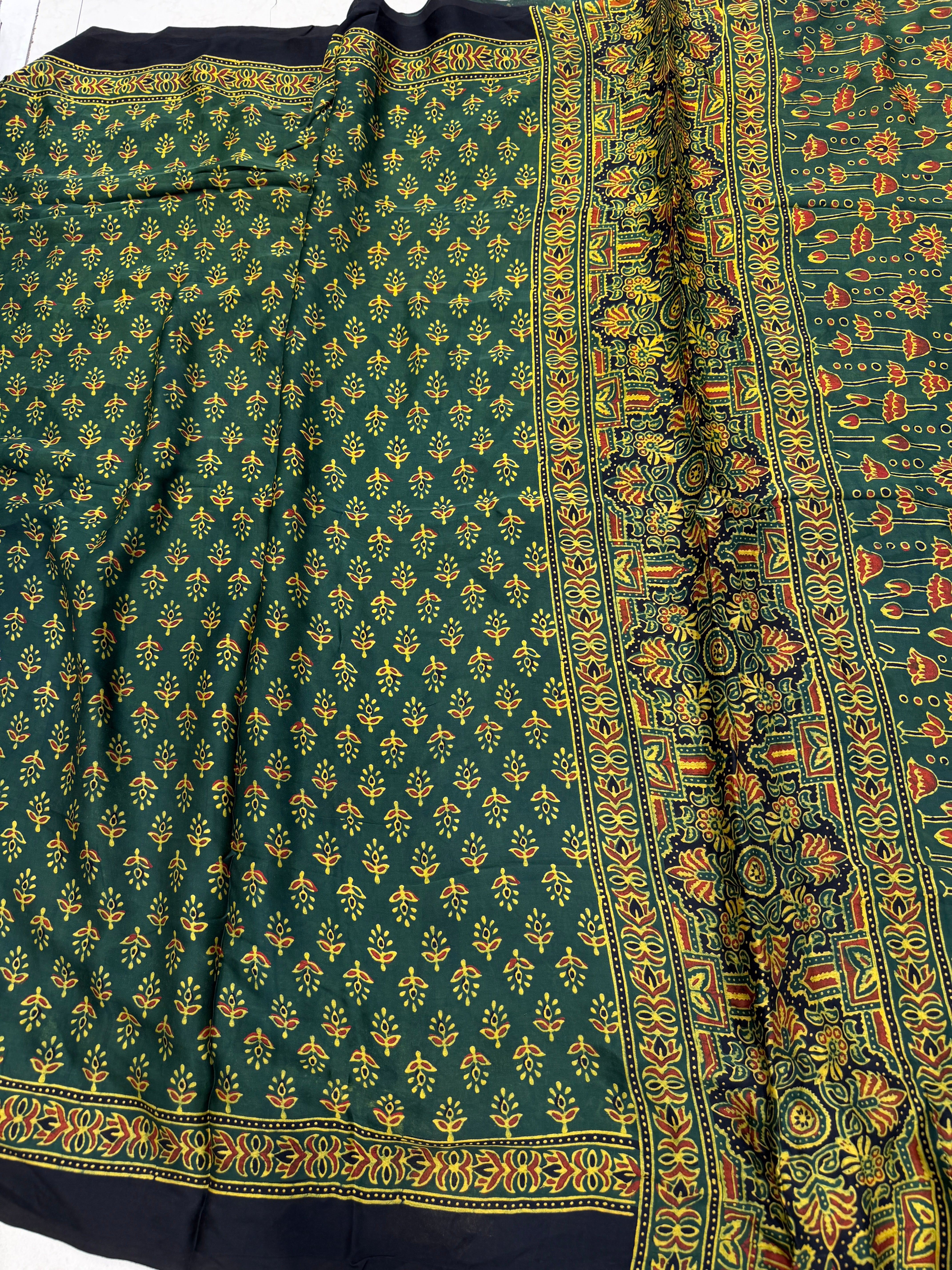 Bottle Green Buttis Ajrakh Hand Block Print Pure Gajji Silk Saree