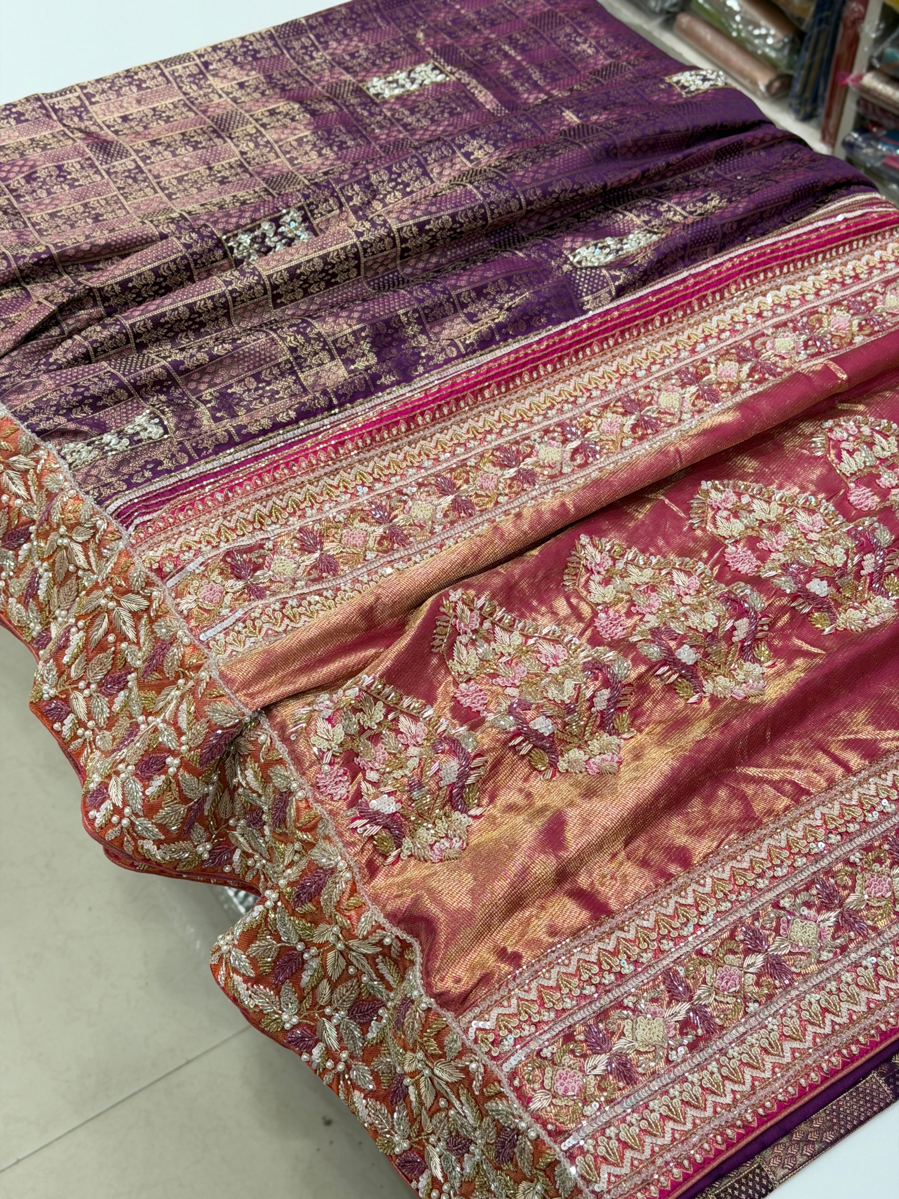 Violet Orange Kanjivaram Zardosi Moti Hand Embroidery Saree with Heavy Blouse