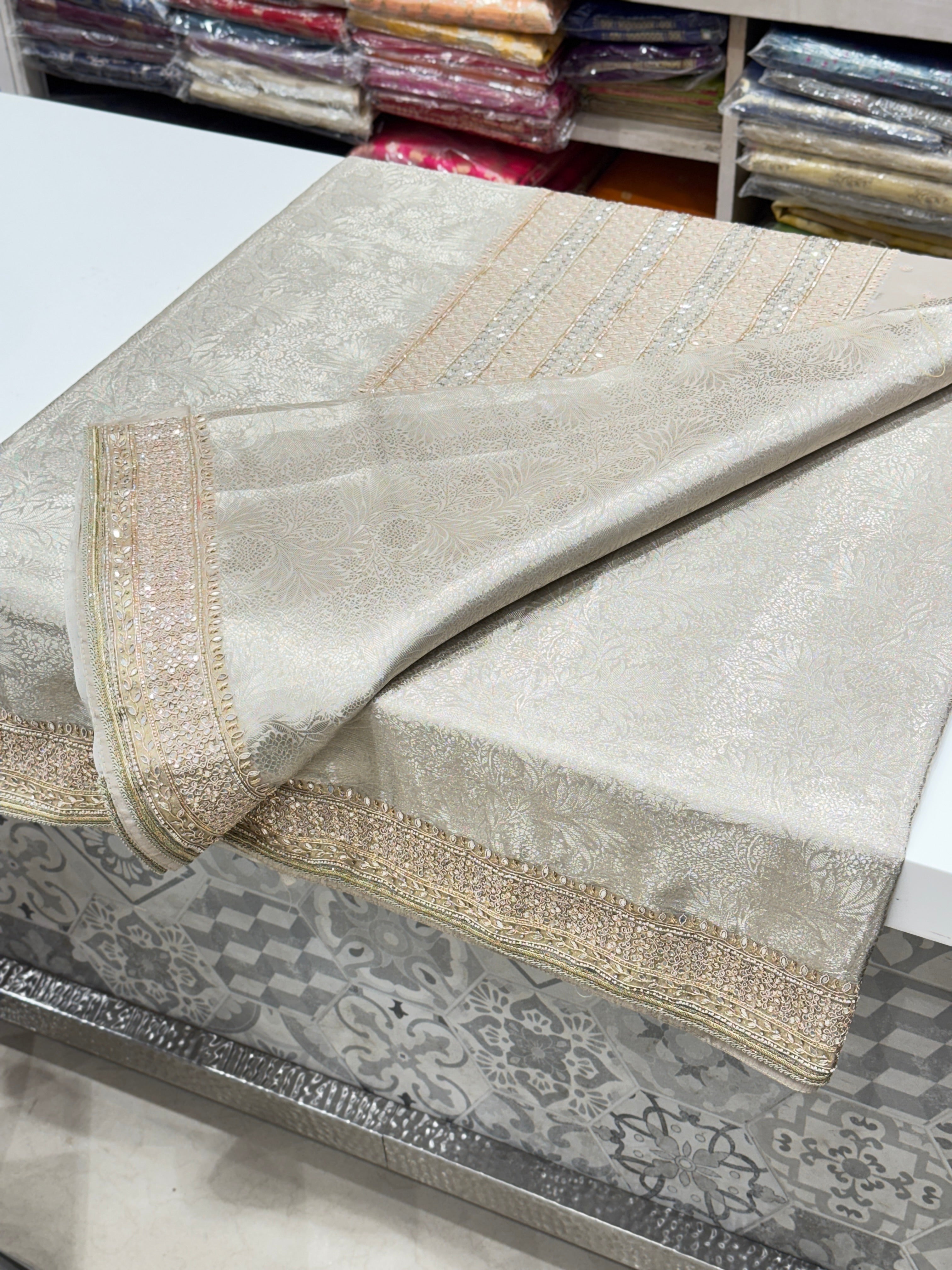 Silver Tissue Kanjivaram Hand Embroidery Saree