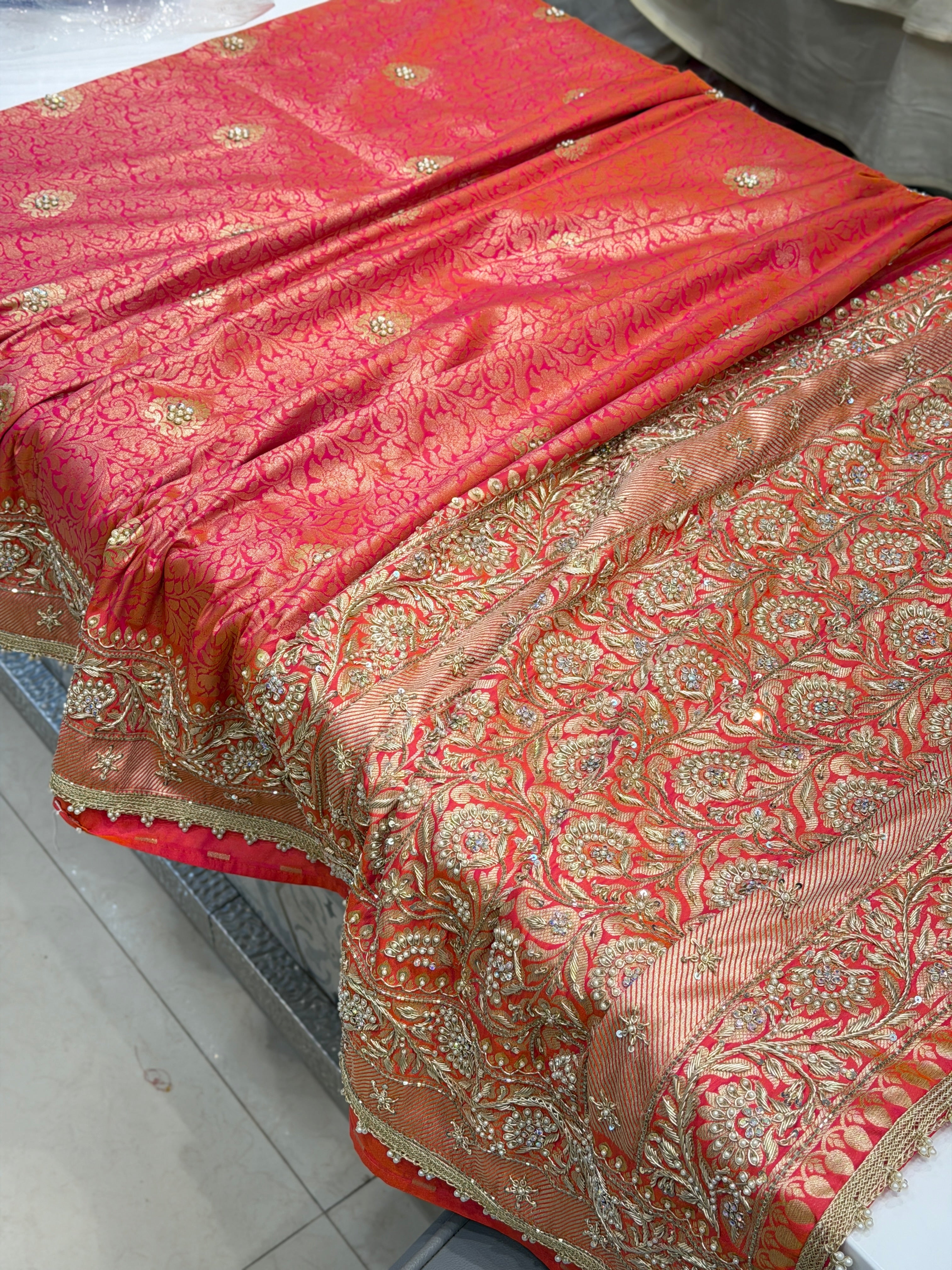 Rani Dhupchav Banarasi Zardosi Hand Embroidery Brocade Saree