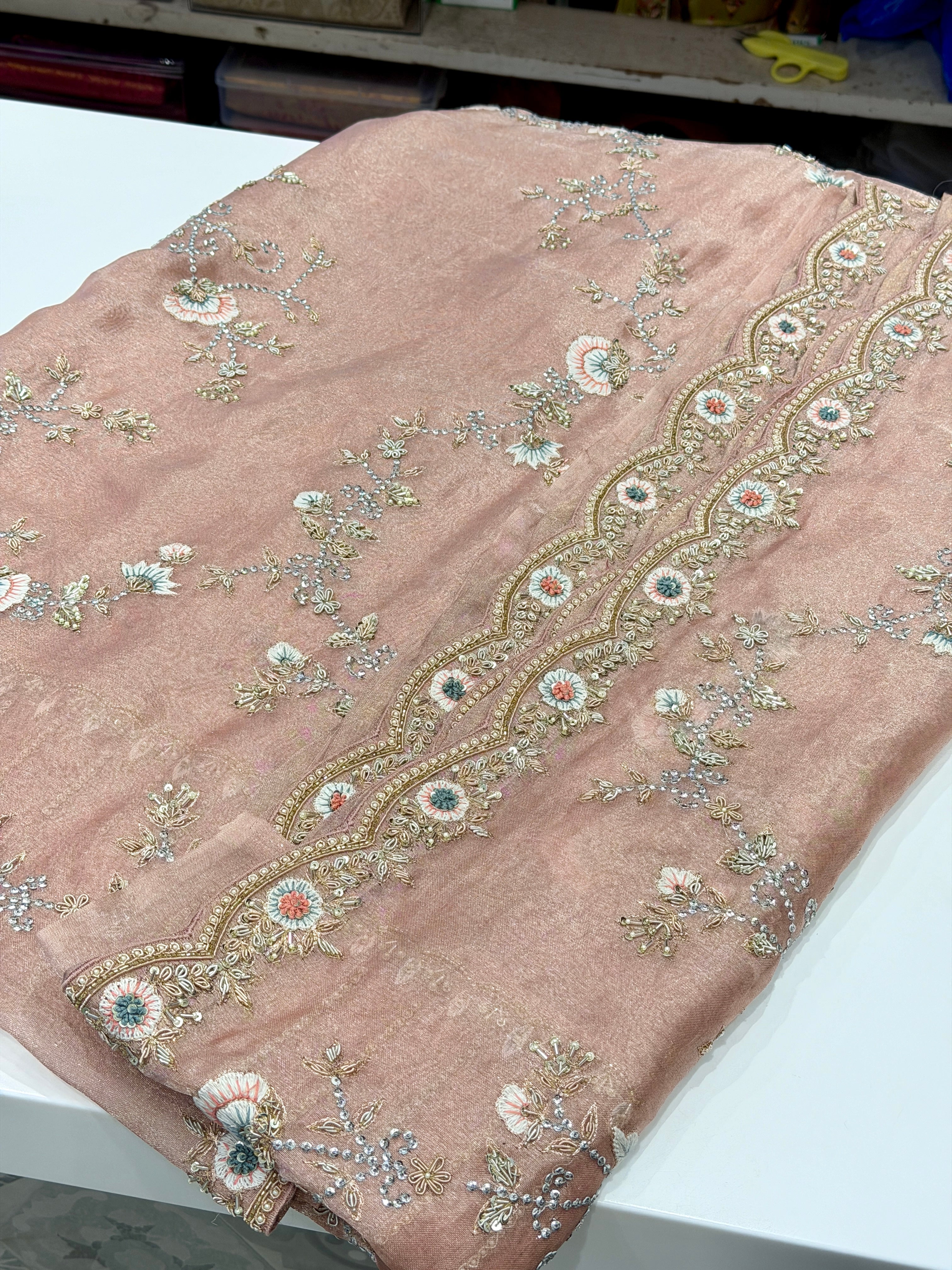 Pink Tissue Zardosi Resham Knot Hand Embroidery Saree