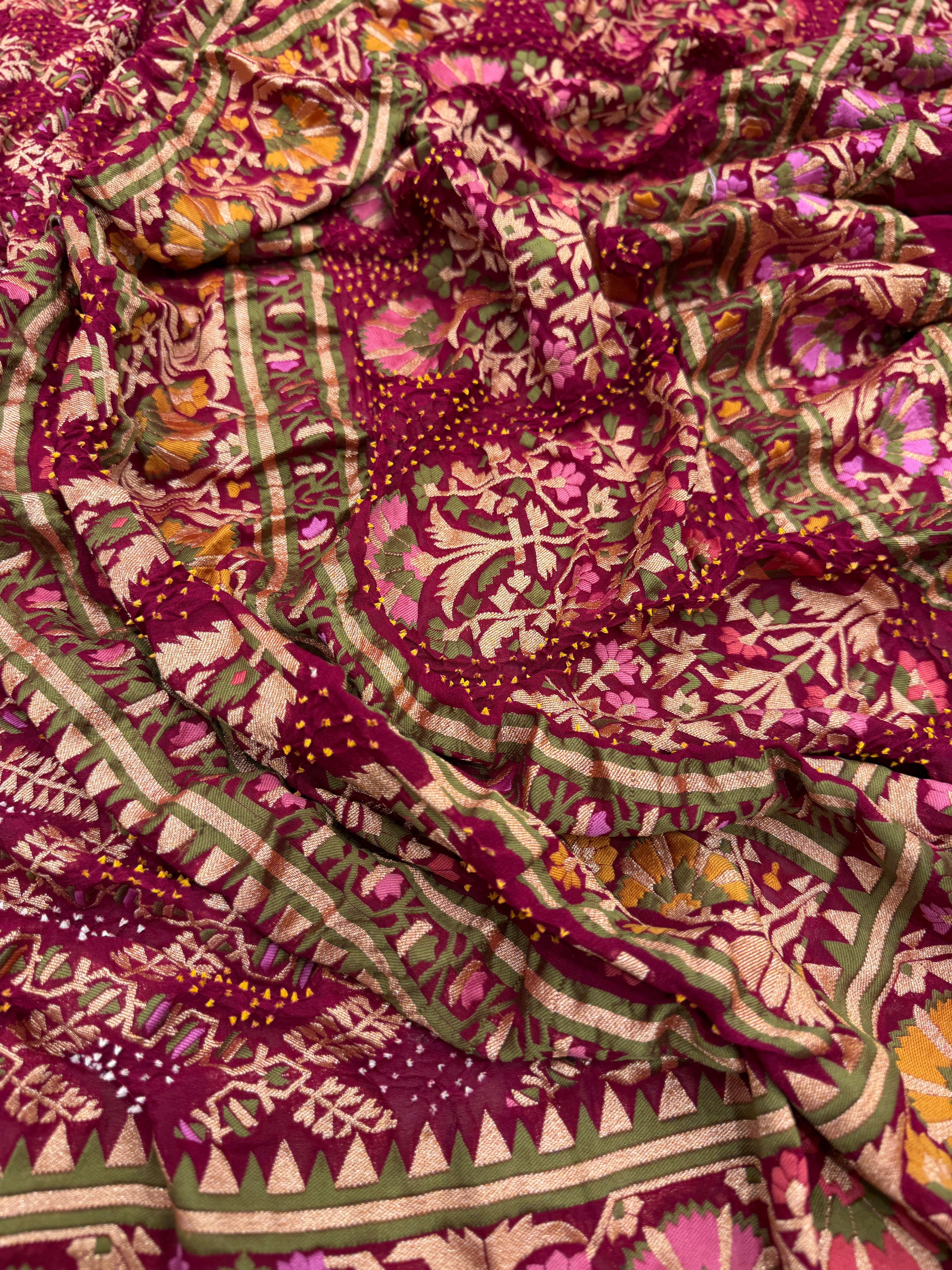 Wine Meenakari Rai Bandhej Floral Border Saree