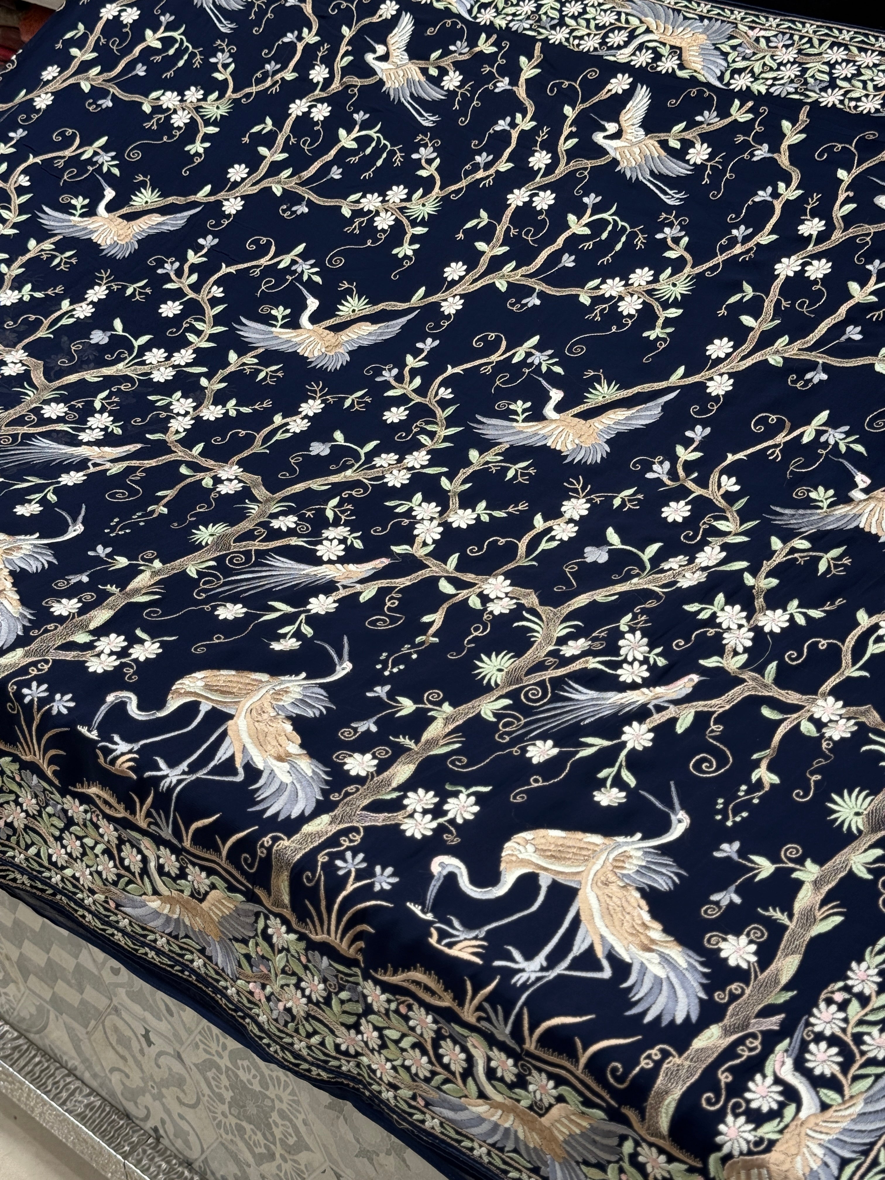 Blue Tree Of Life Flamingo Parsi Gara Saree