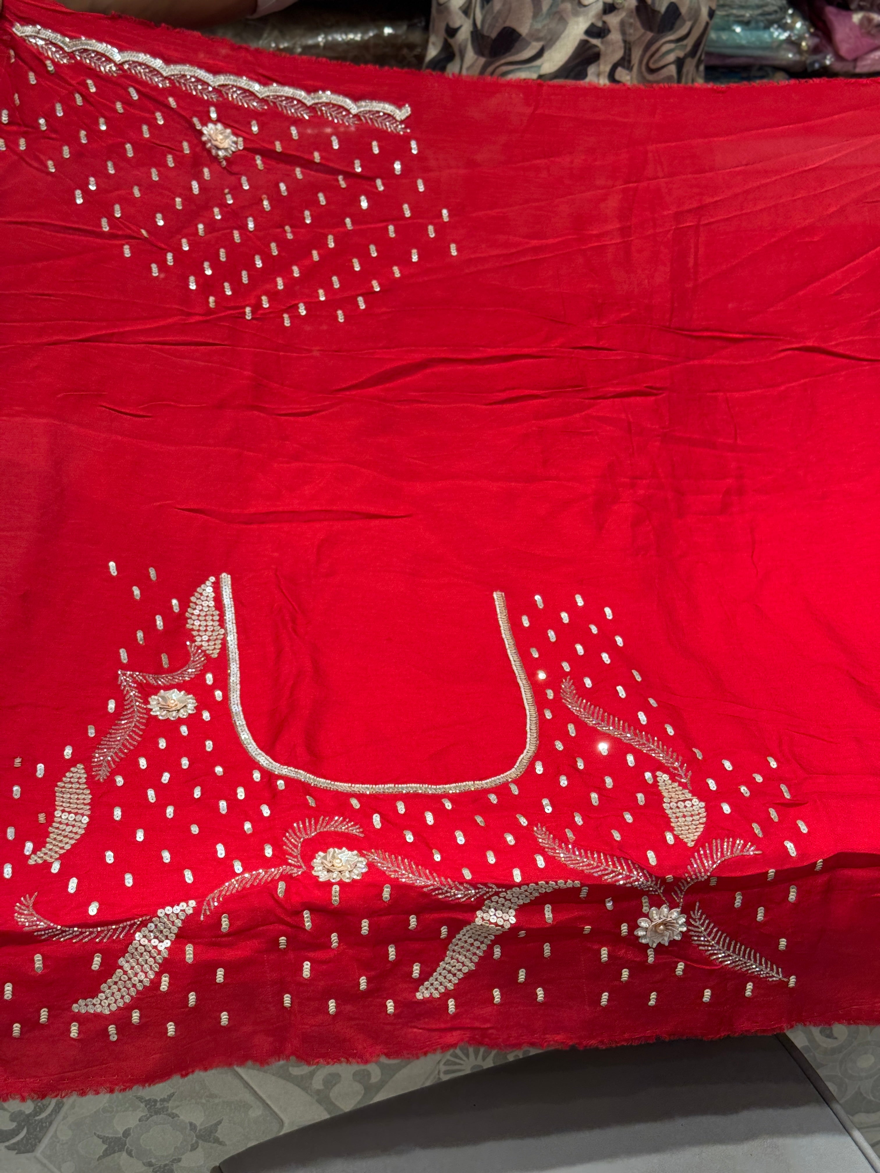 Red Satin Organza Floral Embroidery Saree