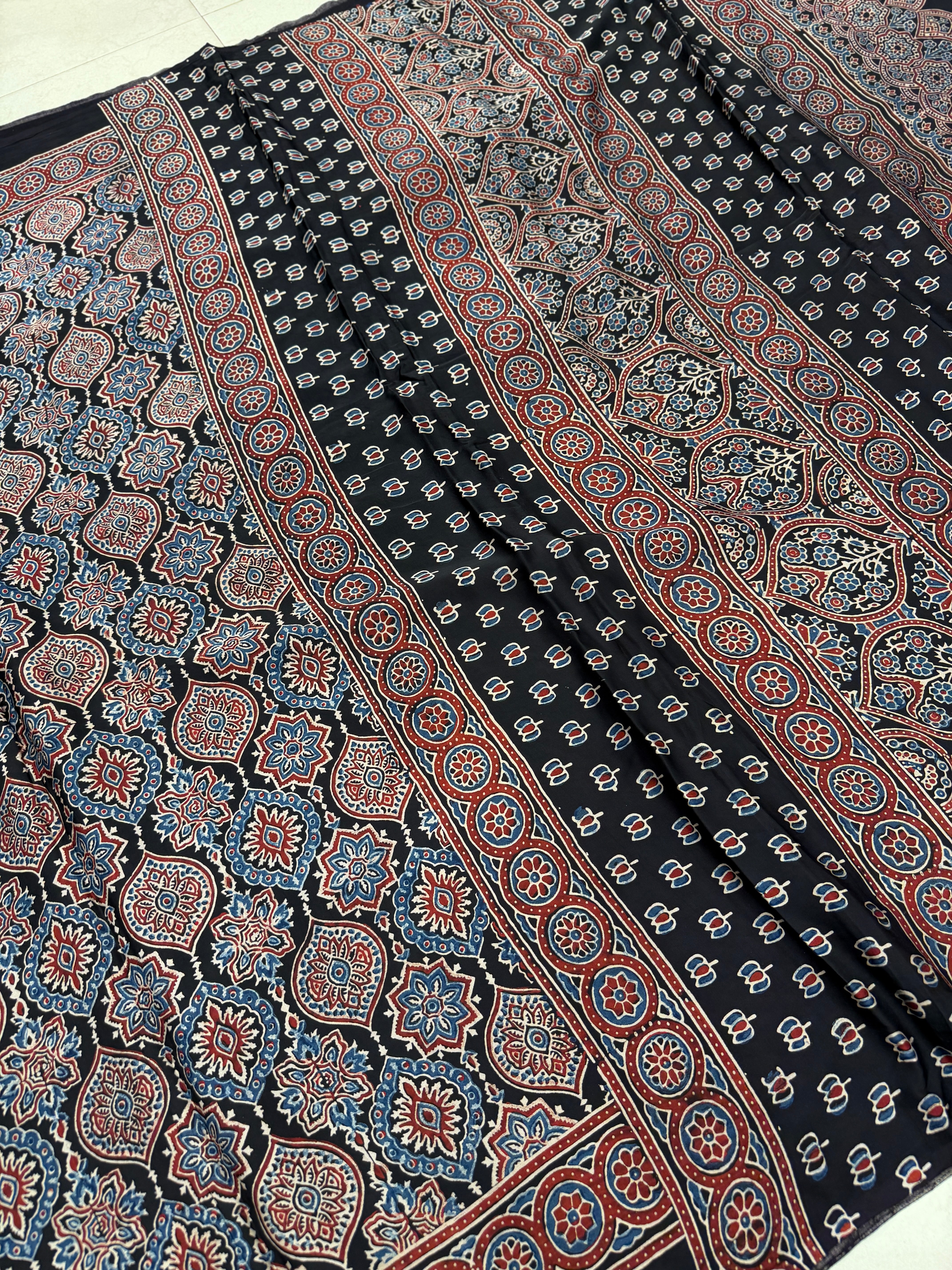 Black Small Badam Jaal Ajrakh Hand Block Print Pure Gajji Silk Saree