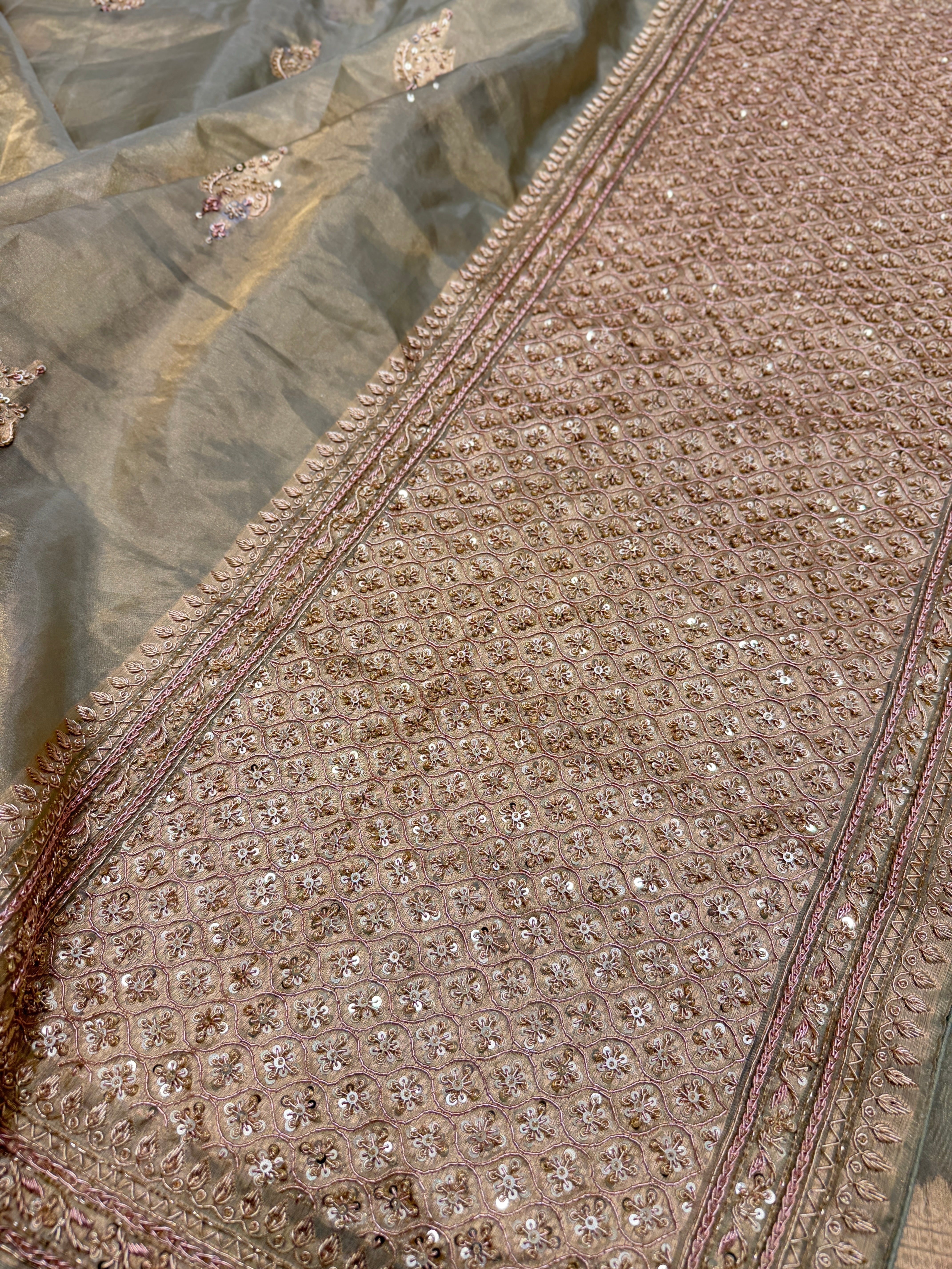 Sage Green Meenakari Banarasi Tissue Handloom Kadwa Weave Zardosi Embroidery Saree